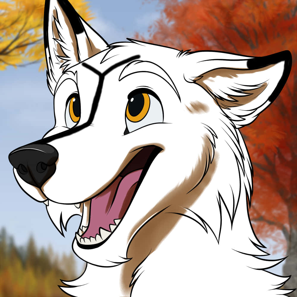 Wolf In Autumn 桌布 壁紙 — 一隻黃眼睛的白色卡通狼在秋天樹木的背景下燦爛地微笑。