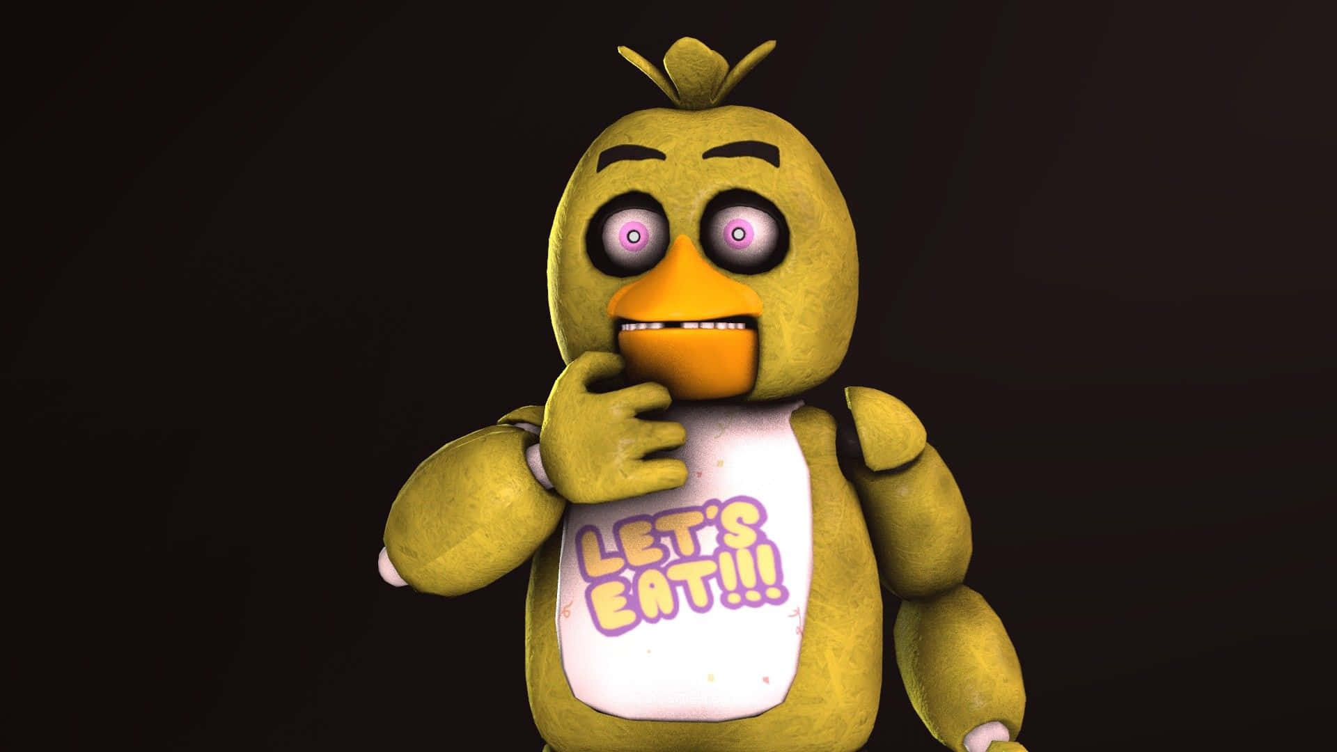 Chica The Chicken 桌布 壁紙 — 一隻黃色嘅動畫雞，有紫色大眼同寫住 LET'S EAT!!! 嘅圍兜，背景係深色。