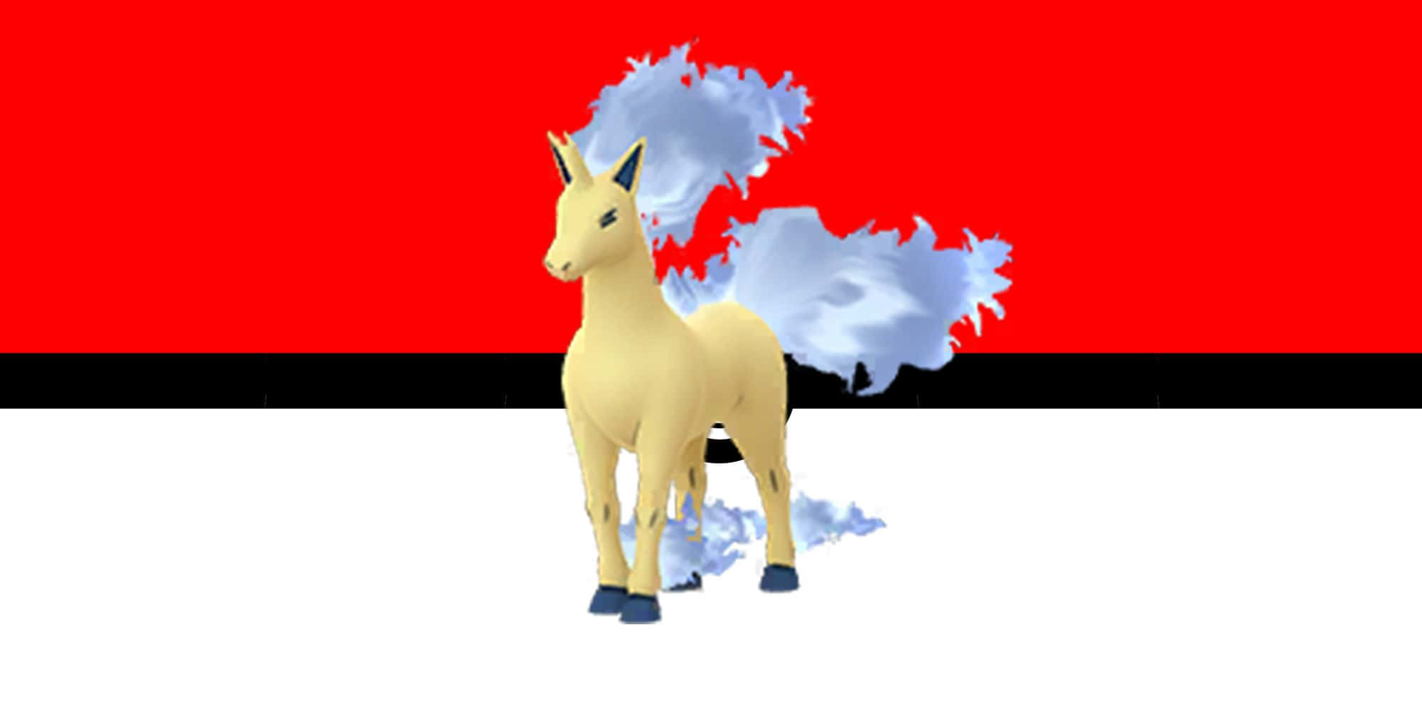Rapidash 桌布 壁紙 — 一隻黃色嘅寵物小精靈，有條毛茸茸嘅藍色尾巴，企喺大膽嘅紅、黑、白背景前面。