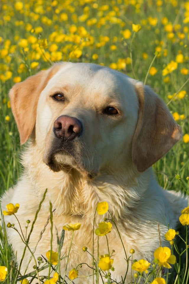 Yellow Labrador 桌布 壁紙 — 一隻黃色拉布拉多尋回犬平靜地坐在陽光明媚的田野中，田野裡長滿了鮮黃色的毛茛和柔軟的綠草。