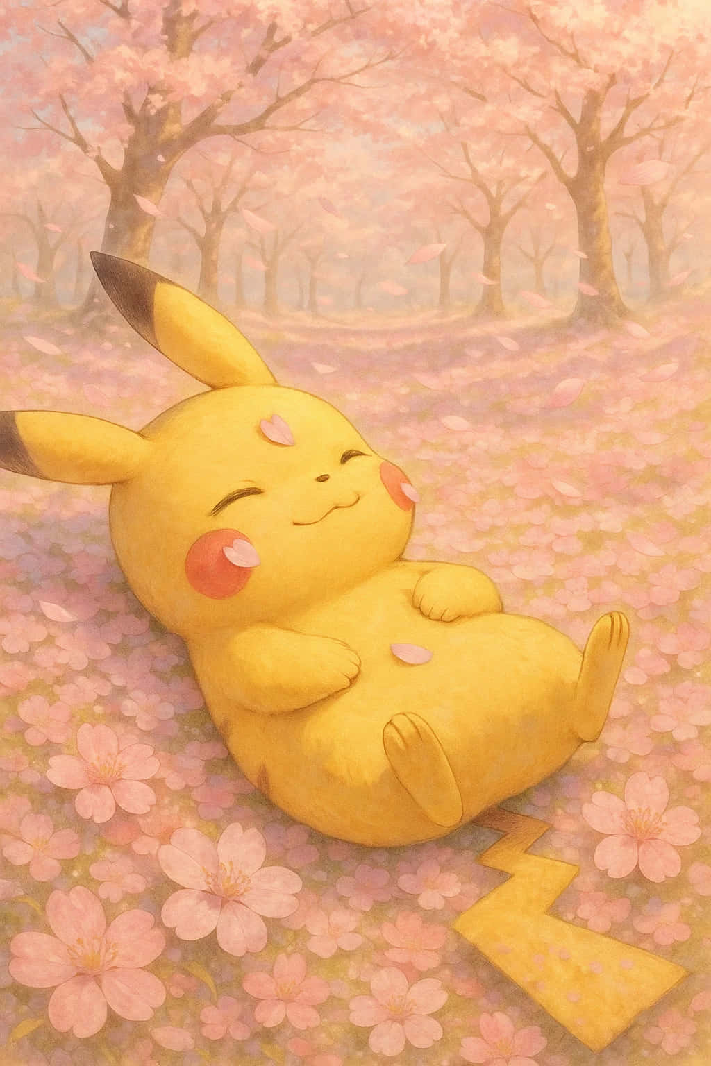 Pikachu HD Wallpaper WEBP 4K Background Download 壁紙 — 一隻黃色比卡超在柔和的粉紅天空下，在粉紅櫻花中安然入睡。