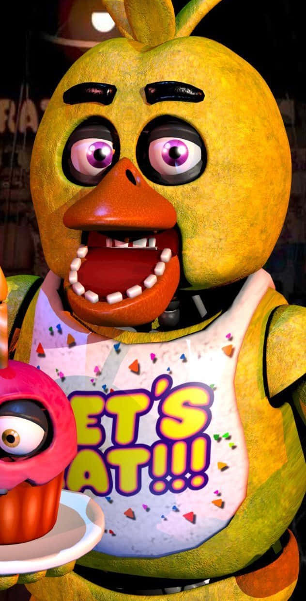 Chica The Chicken 桌布 壁紙 — 一隻黃色電子雞嘅特寫，有對紫色大眼，揸住一個頂部有單眼嘅紙杯蛋糕。