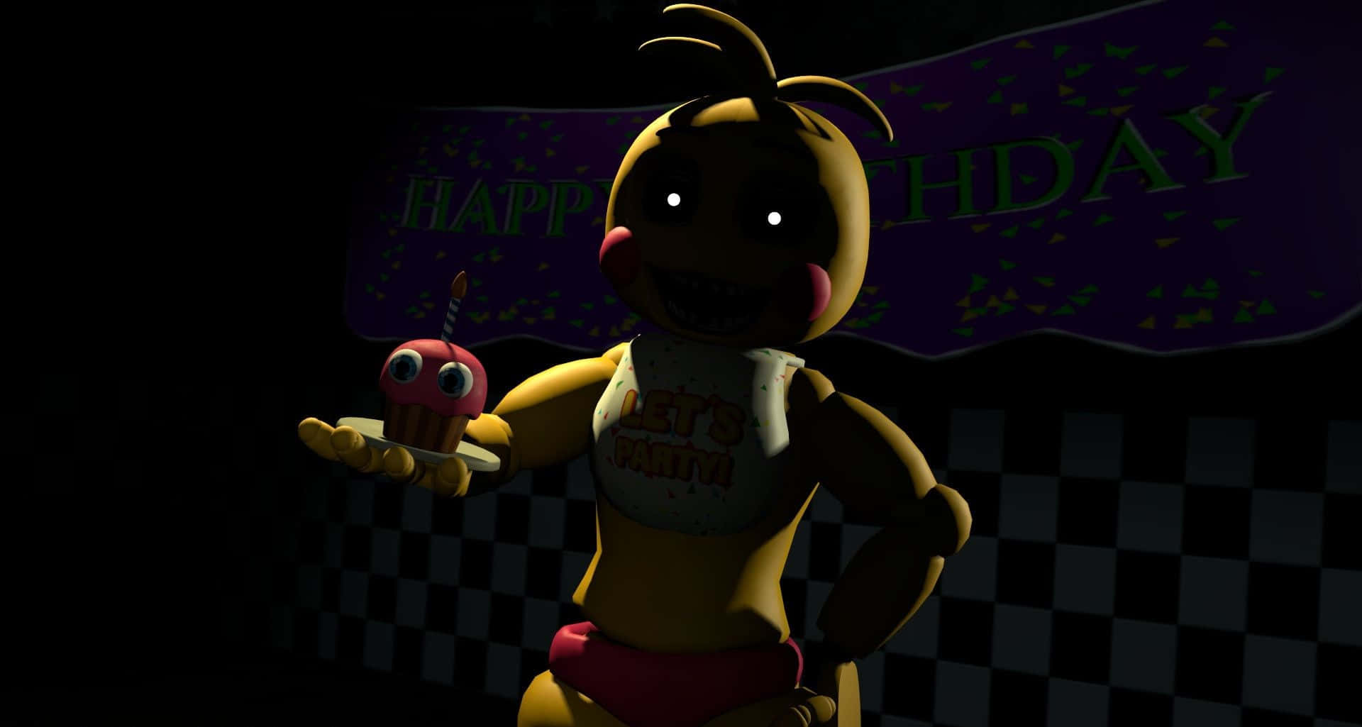 Chica The Chicken 桌布 壁紙 — 一隻黃色電子雞在黑暗的格子房間裏，喺「Happy Birthday」橫幅下拿着一個紙杯蛋糕。