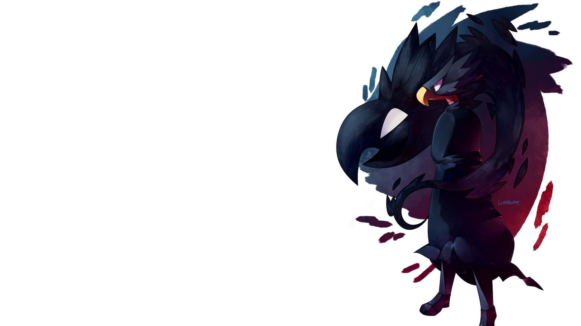 Fumikage Tokoyami 桌布 壁紙 — 一隻黑暗動漫風格的鳥類生物，擁有發光的眼睛和紅色飛濺，站在純白背景前。
