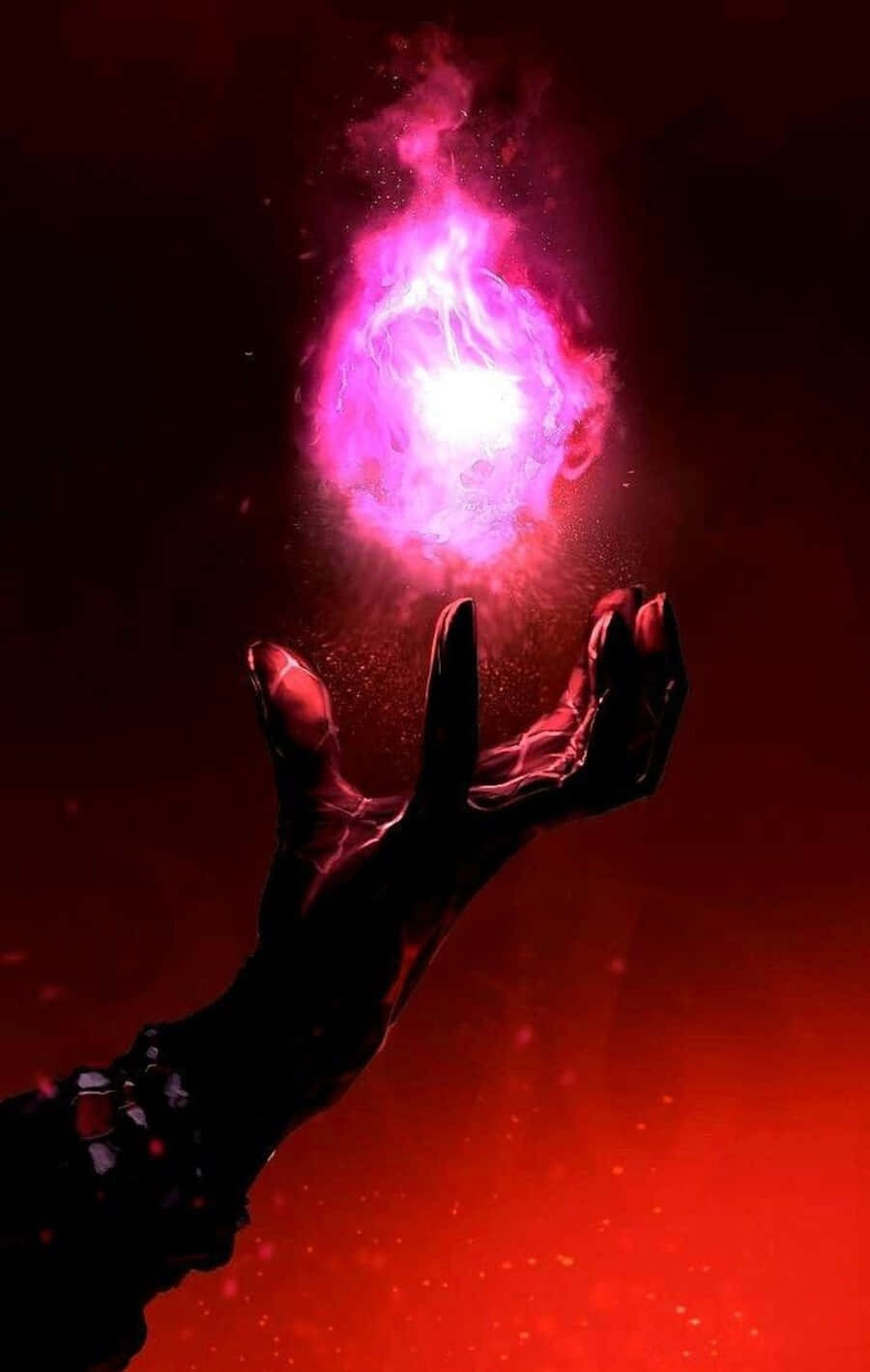 Dark Power 桌布 壁紙 — 一隻黑暗的手捧著一個發光的粉紅色和白色能量球，背景是深紅色。