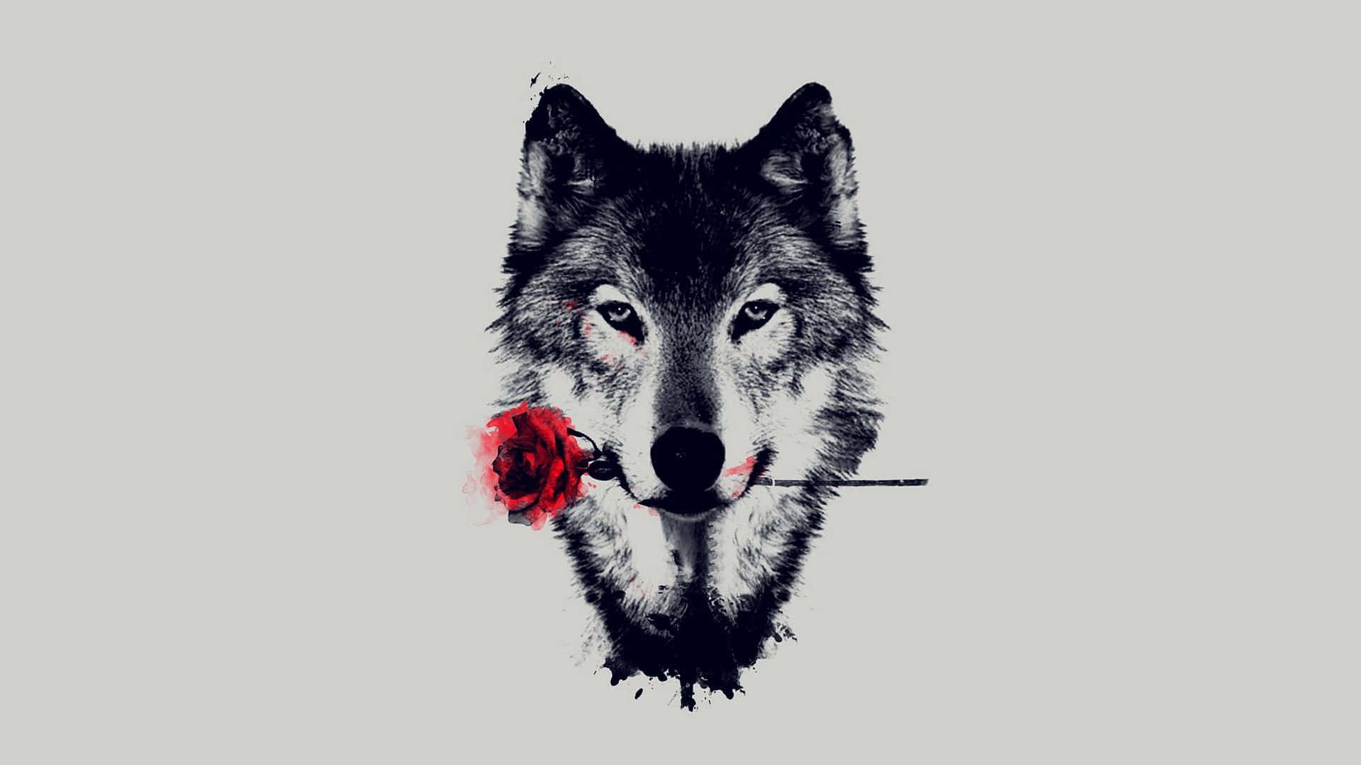 Wolf Art 桌布 壁紙 — 一隻黑白分明的狼，嘴裡叼著一朵鮮紅的玫瑰，背景是柔和的灰色。