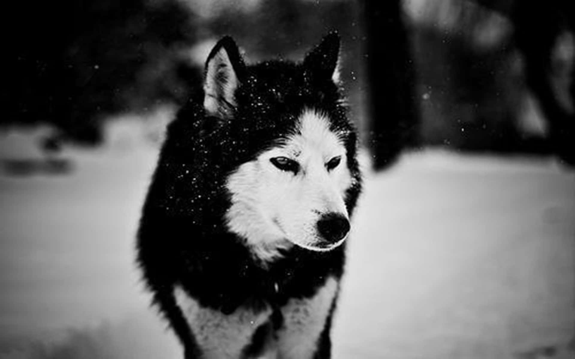 Wolf In Winter 桌布 壁紙 — 一隻黑白哈士奇站在雪地森林中，雪花在牠警覺的臉龐周圍飄落。