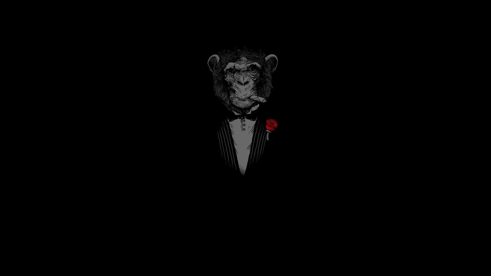 Edgy 桌布 壁紙 — 一隻黑白插圖風格的猩猩穿著燕尾服，佩戴紅色玫瑰胸花和雪茄，居中於黑色背景上。