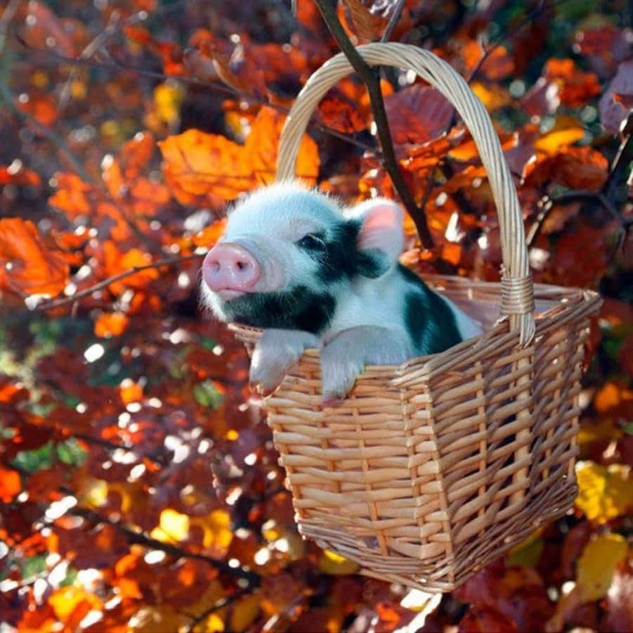 Piggy 桌布 壁紙 — 一隻黑白相間的小豬從掛在鮮豔秋葉間的編織籃子裡好奇地探出頭來。