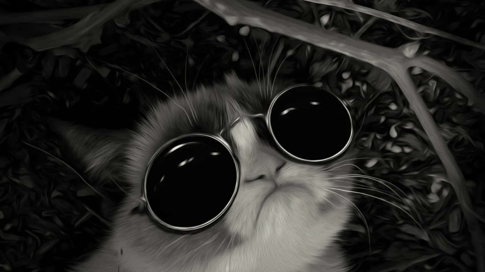 Cool Cat 桌布 壁紙 — 一隻黑白貓戴著超大的圓形太陽眼鏡，在深色樹葉中休憩，散發酷炫時尚的氣息。
