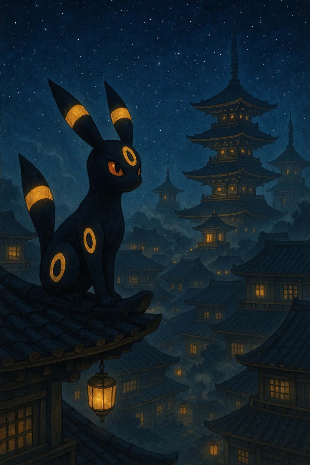 Umbreon Pokemon 4K HD Wallpaper WEBP MOBILE Backgrounds 壁紙 — 一隻黑色嘅月伊貝，擁有發光嘅橙色眼睛，企喺瓦片屋頂上，俯瞰住一個被溫暖燈籠照亮、霧氣瀰漫嘅日本村莊，背景係滿天星星嘅夜空。