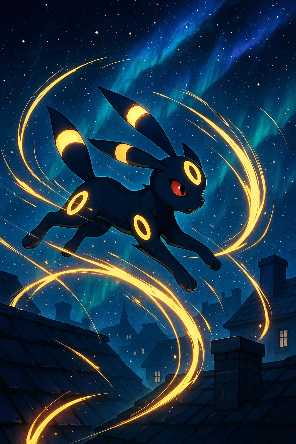 Umbreon Pokemon 4K HD Wallpaper WEBP MOBILE Backgrounds 壁紙 — 一隻黑色嘅月伊貝帶住發光黃色環圈，喺星空夜晚嘅屋頂上面跳躍，留下金色能量痕跡。