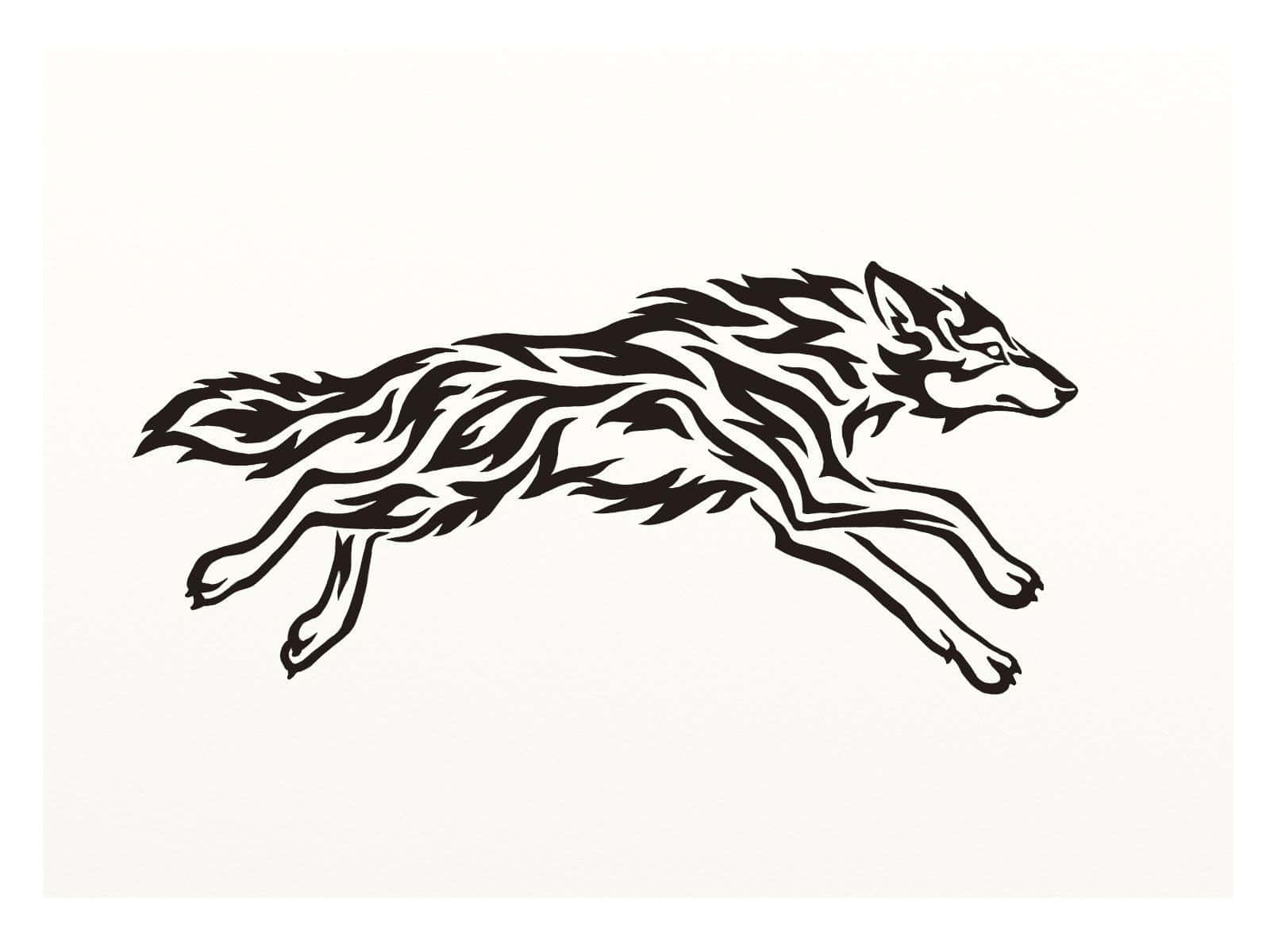 Tribal Wolf 桌布 壁紙 — 一隻黑色部落風格嘅狼喺純米白色背景上動態跳躍。