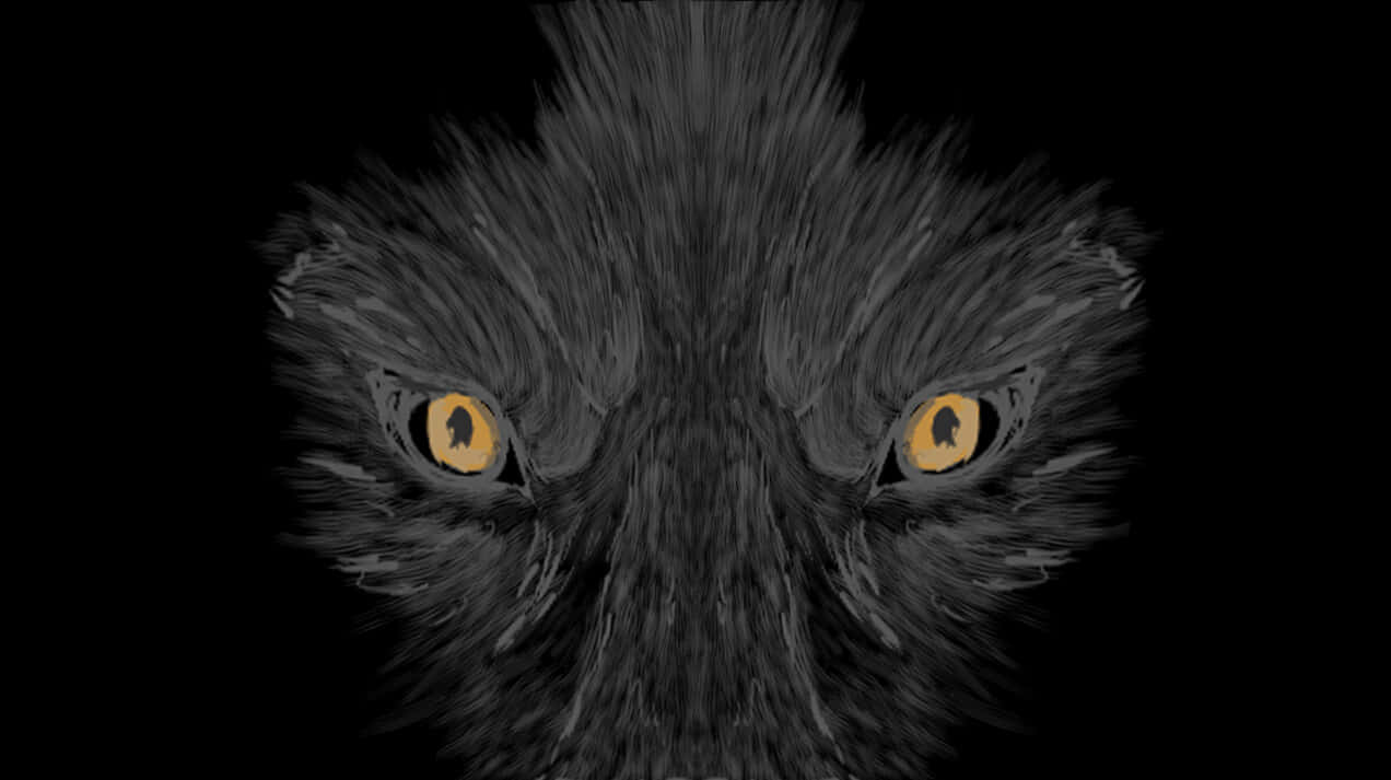 Wolf Eyes 桌布 壁紙 — 一隻黑貓強烈發光的黃色眼睛在黑暗背景下直視觀眾的特寫。