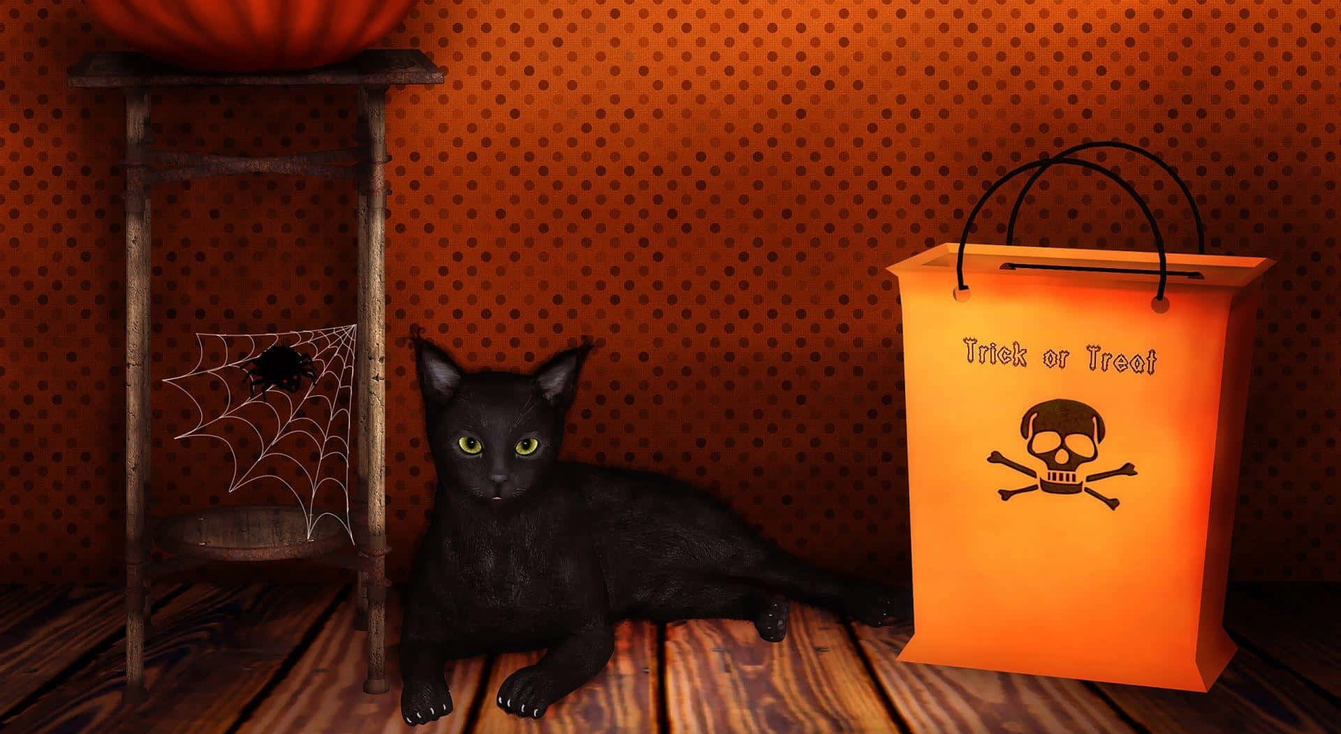 Trick-or-treaters 桌布 壁紙 — 一隻黑貓閃爍著綠色眼睛，躺在木地板上，旁邊有一個橙色嘅 trick or treat 袋同埋一張凳上嘅蜘蛛網，背景係波點牆。