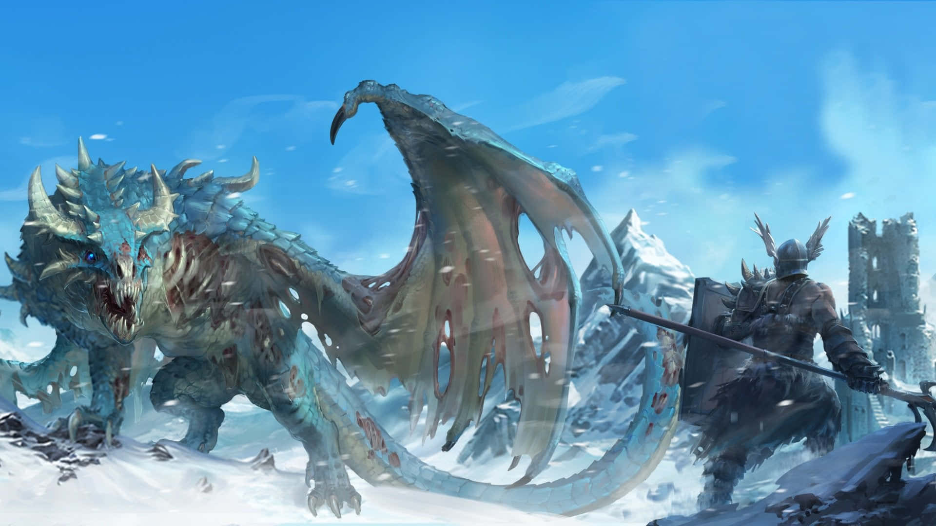 一隻龍與一名騎士在雪地中 壁紙 — 一名身穿暗色盔甲的騎士在積雪的山口面對一隻擁有尖刺翅膀和發光眼睛的巨大冰藍色龍。
