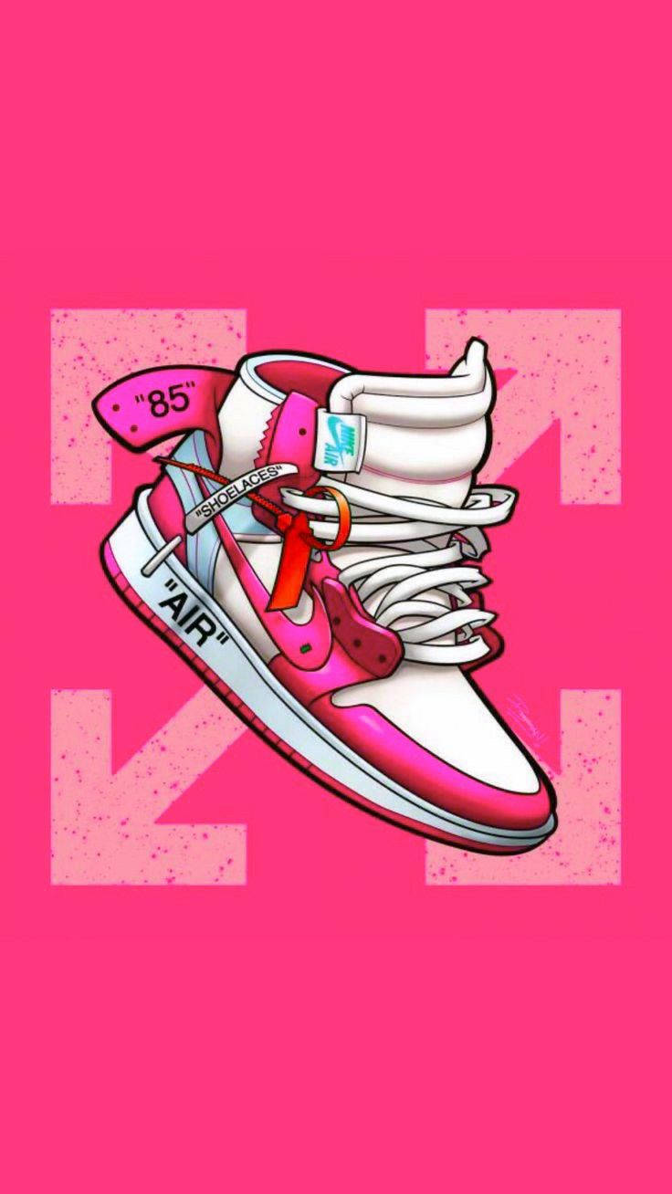nike girl 桌布 壁紙 — 一雙充滿活力的粉紅色和白色高筒運動鞋，配有紅色鞋帶和'85'品牌標誌，漂浮在帶有箭頭圖案的鮮豔粉紅色背景上。