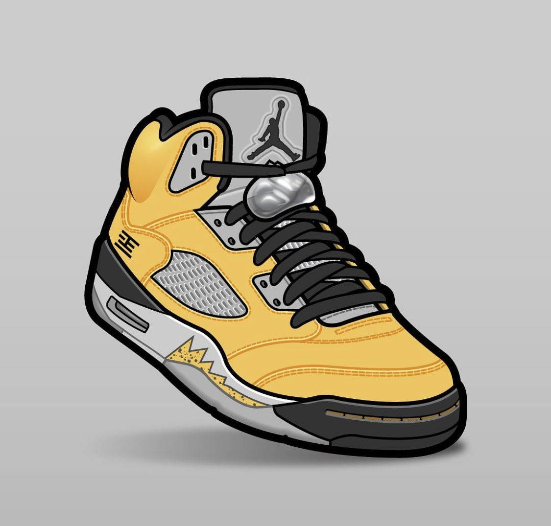 Nike 桌布 壁紙 — 一雙充滿活力的黃色Jordan 5運動鞋，帶有黑色和銀色點綴，在灰色中性背景上格外突出。