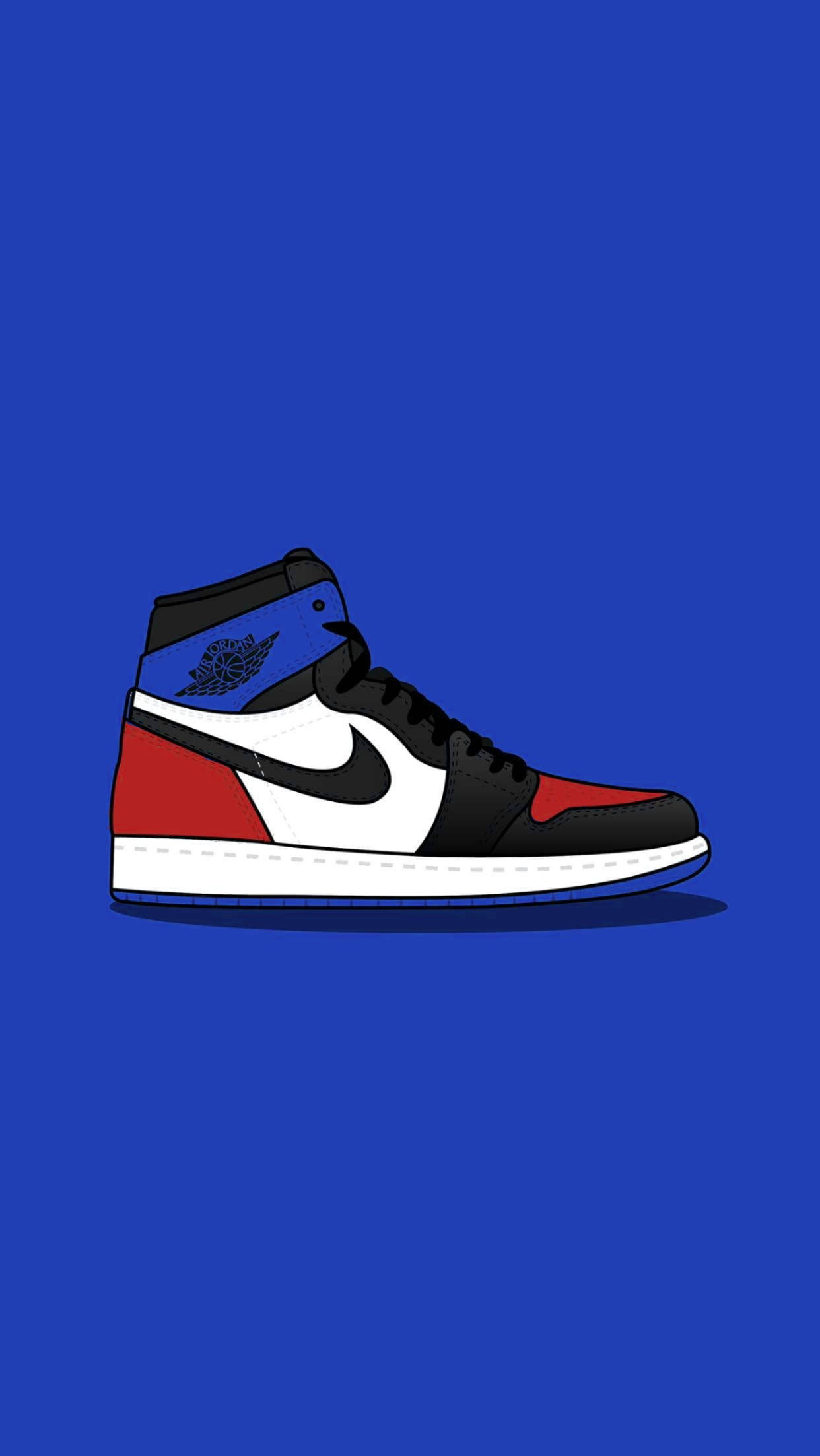 cool shoe 桌布 壁紙 — 一雙大膽的Jordan 1運動鞋，紅、黑、藍三色，居中放置在純皇家藍背景上。