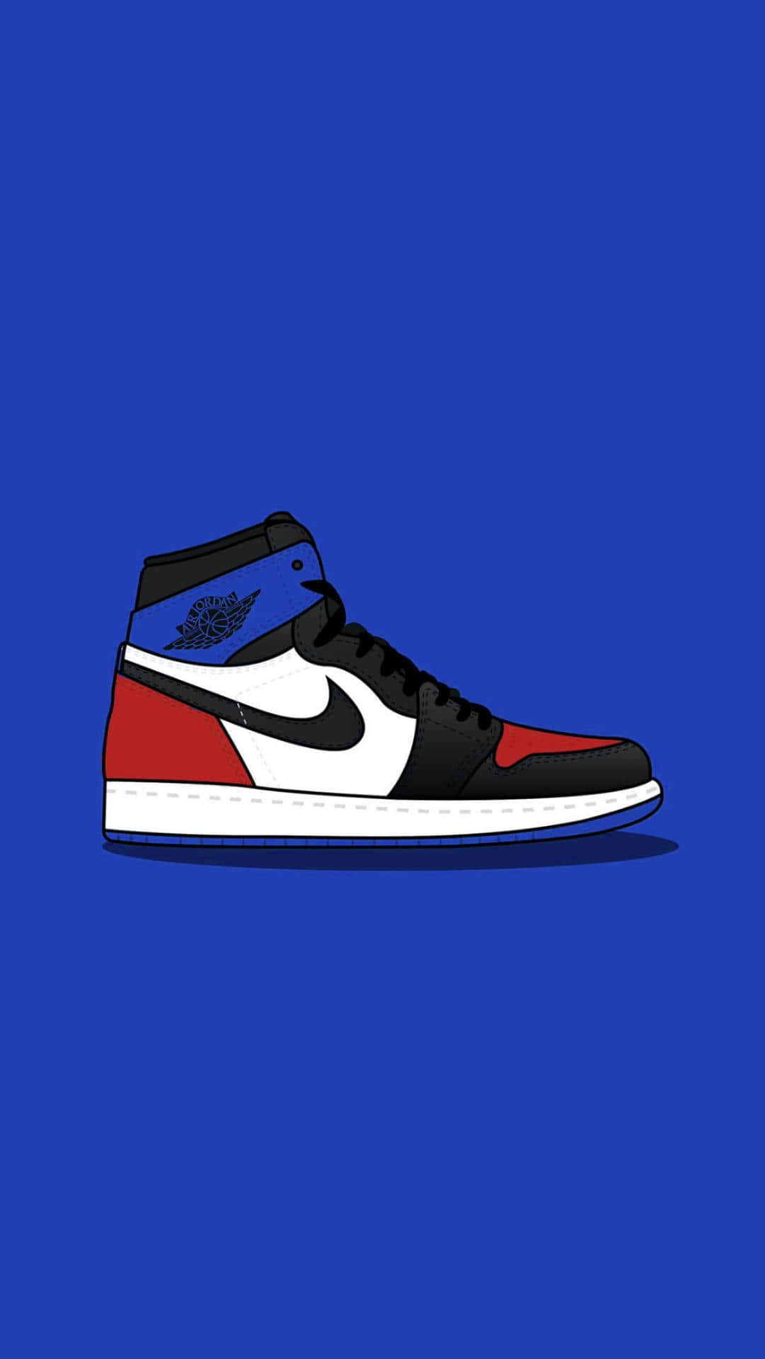 運動鞋 桌布 壁紙 — 一雙大膽的Jordan 1運動鞋，紅、黑、藍三色，居中放置在純皇家藍背景上。