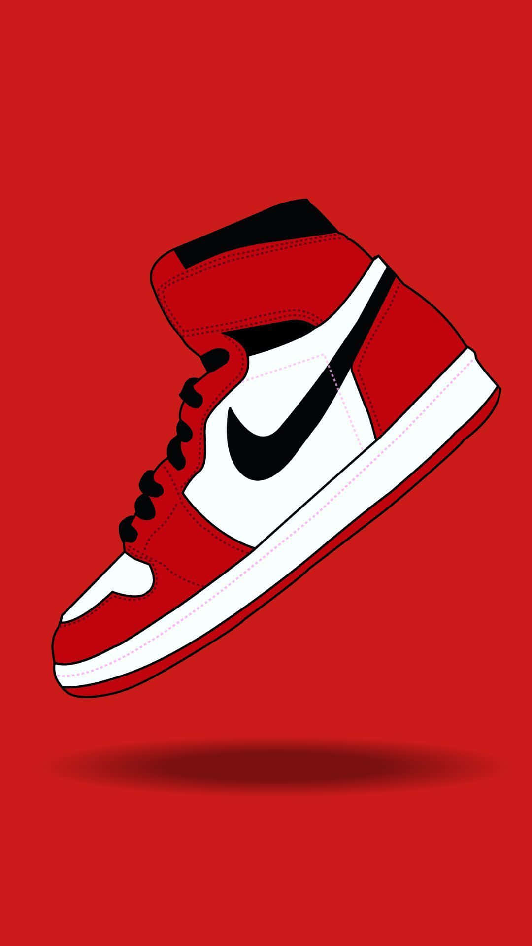 Cute Shoes 桌布 壁紙 — 一雙大膽的紅白高筒運動鞋，帶有黑色Swoosh，漂浮在純紅色背景上。