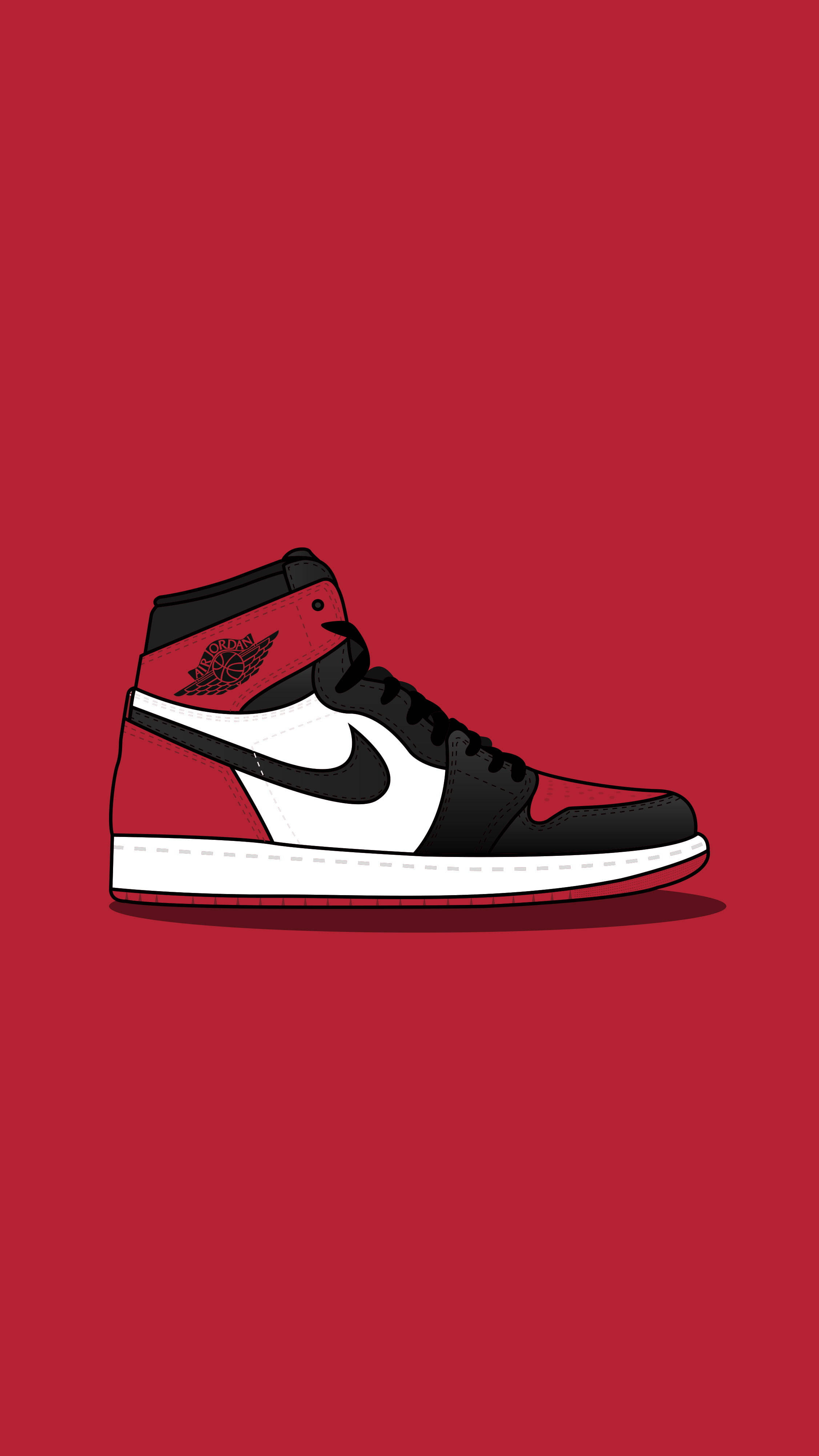 Nike iPhone 桌布 壁紙 — 一雙大膽的紅黑白色高筒運動鞋，帶有翅膀標誌，居中放置在純紅色背景上。