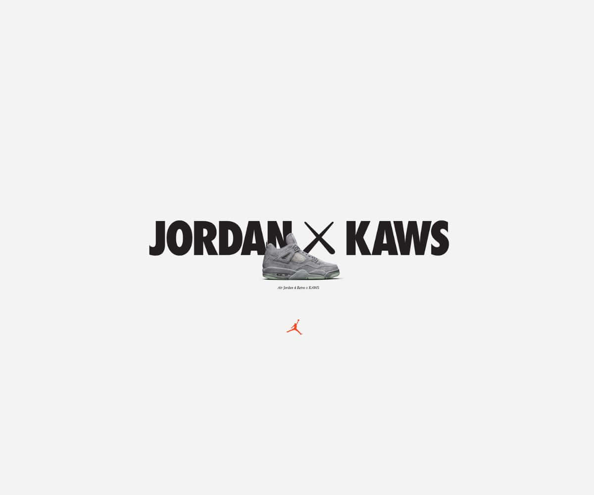 Kaws X Air Jordan 桌布 壁紙 — 一雙極簡灰色Jordan x KAWS運動鞋，居中置於淺灰色背景上的粗體黑色文字下方，下方有一個紅色小Jumpman標誌。