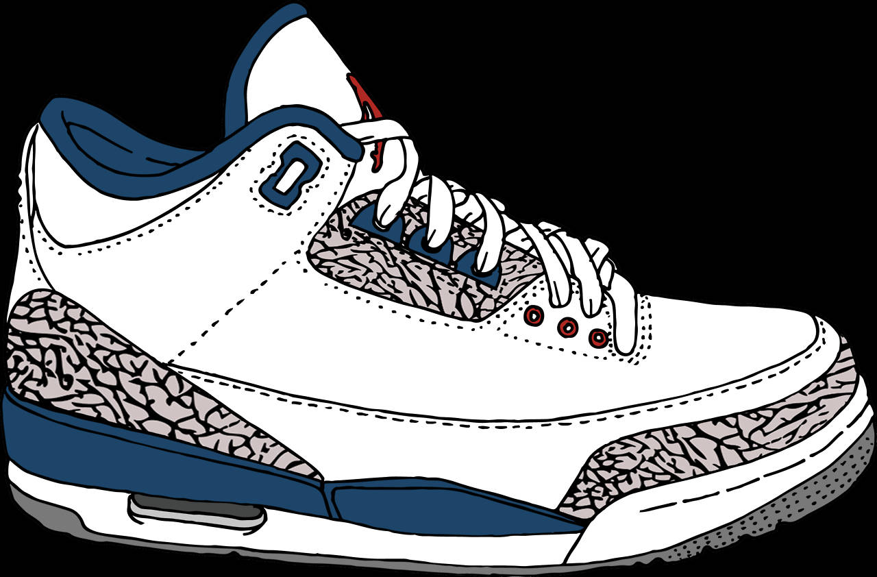Air Jordan 桌布 壁紙 — 一雙白色和藍色的運動鞋，帶有大象印花裝飾和紅色鞋帶孔，以黑色勾勒，襯托在純黑背景上。