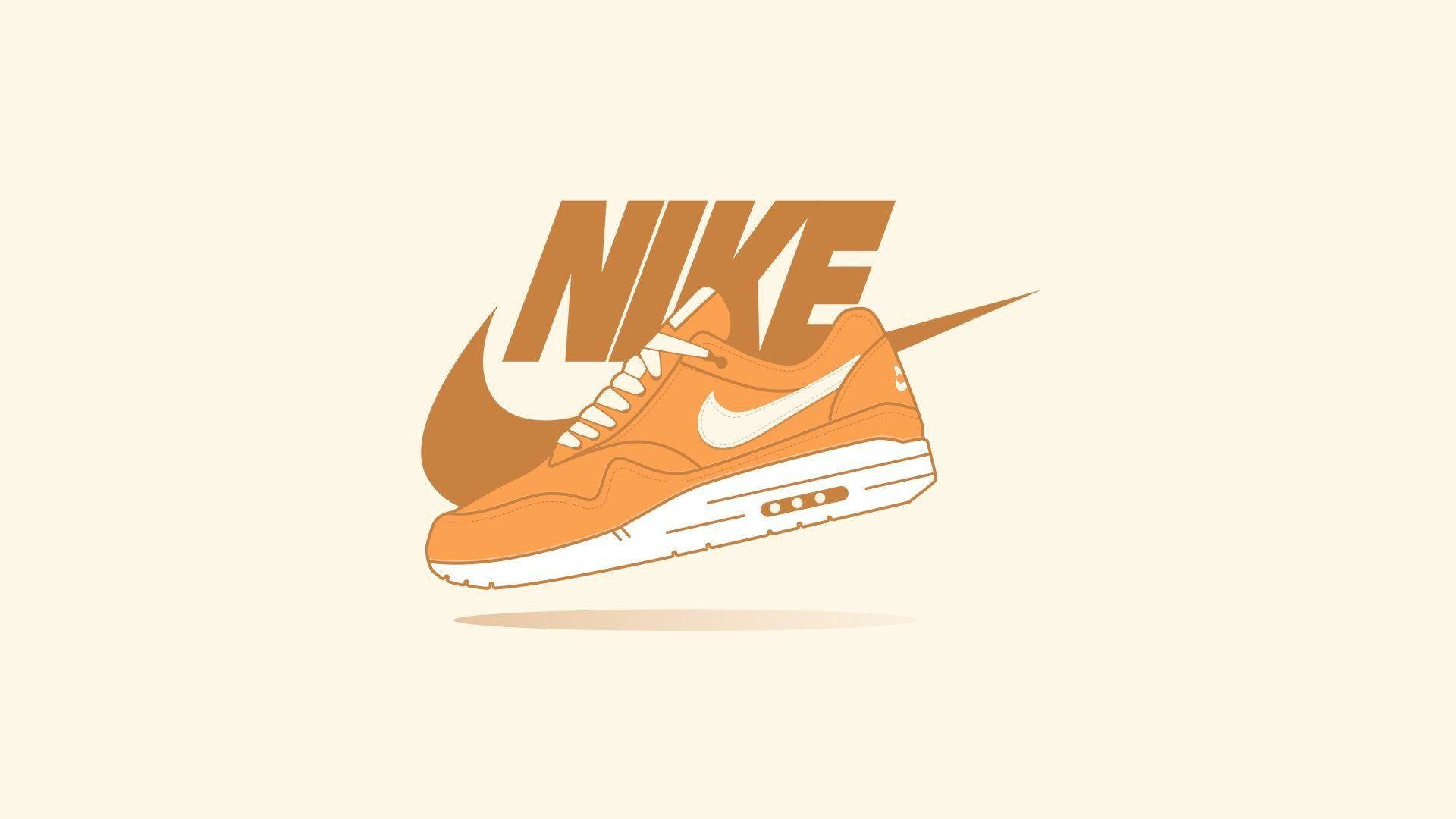cool shoe 桌布 壁紙 — 一雙簡約的橙色Nike運動鞋，帶有白色勾勾和鞋帶，漂浮在奶油色背景上，並帶有品牌標誌。