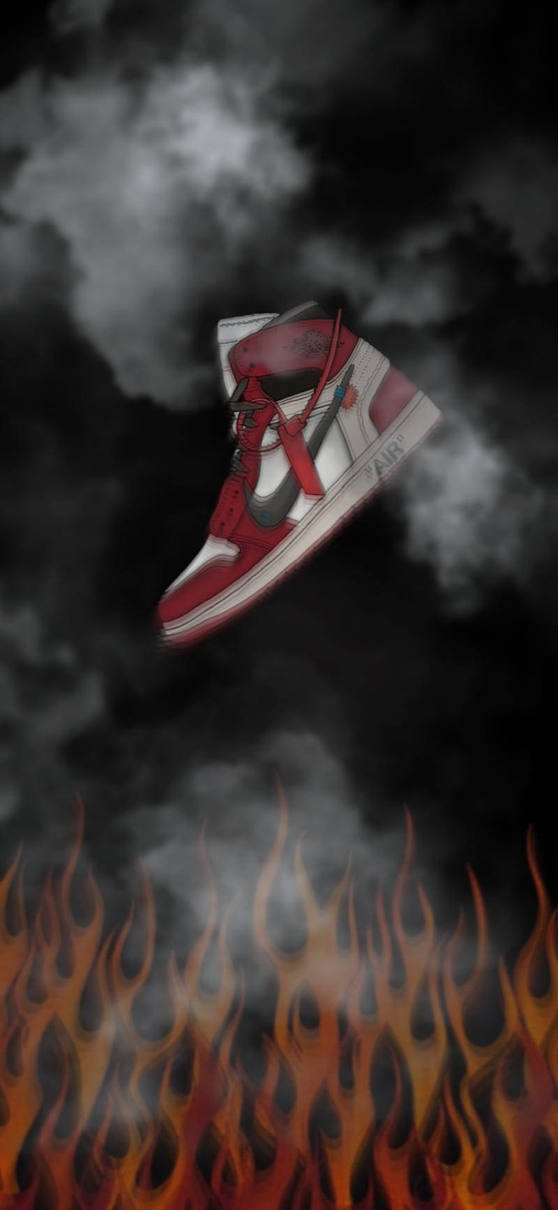 Nike Air Jordan 1 桌布 壁紙 — 一雙紅白相間的運動鞋懸浮在咆哮的火焰之上，背景黑暗煙霧繚繞。