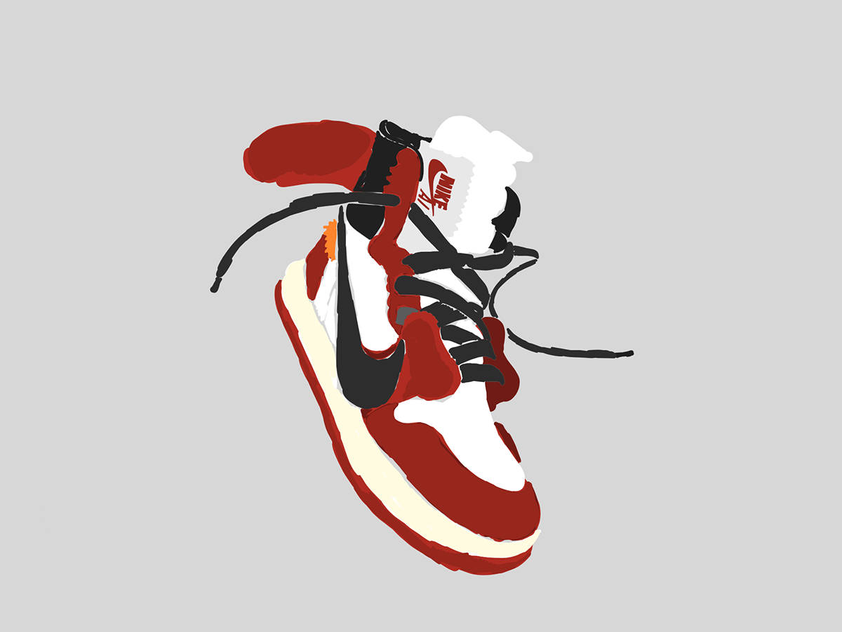 Nike 桌布 壁紙 — 一雙風格化的紅白黑Nike運動鞋，鞋帶鬆開，置於純灰色背景上。