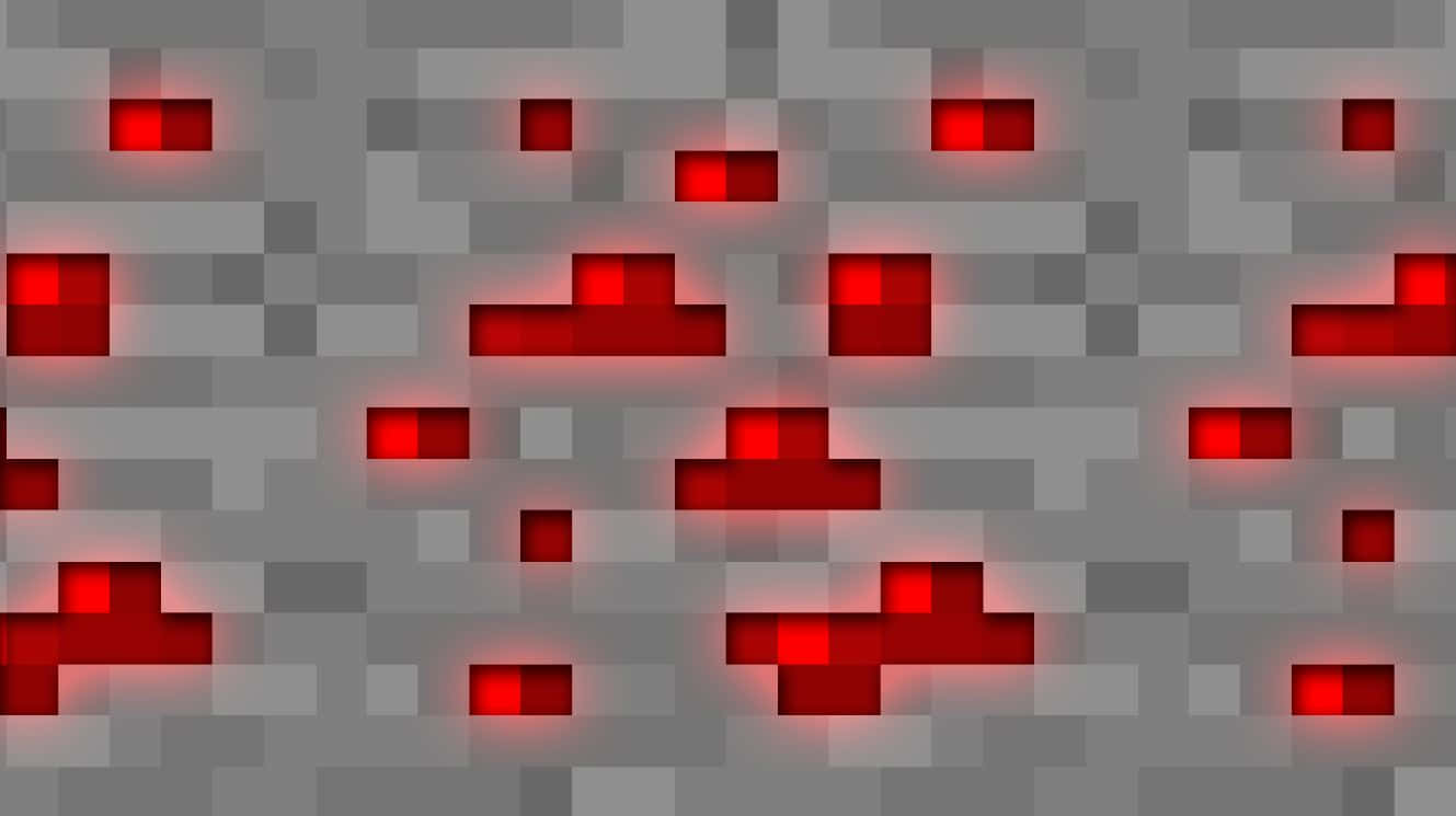 Minecraft Redstone 桌布 壁紙 — 一面像素化的灰色牆壁，表面散落著發光的紅色矩形方塊。