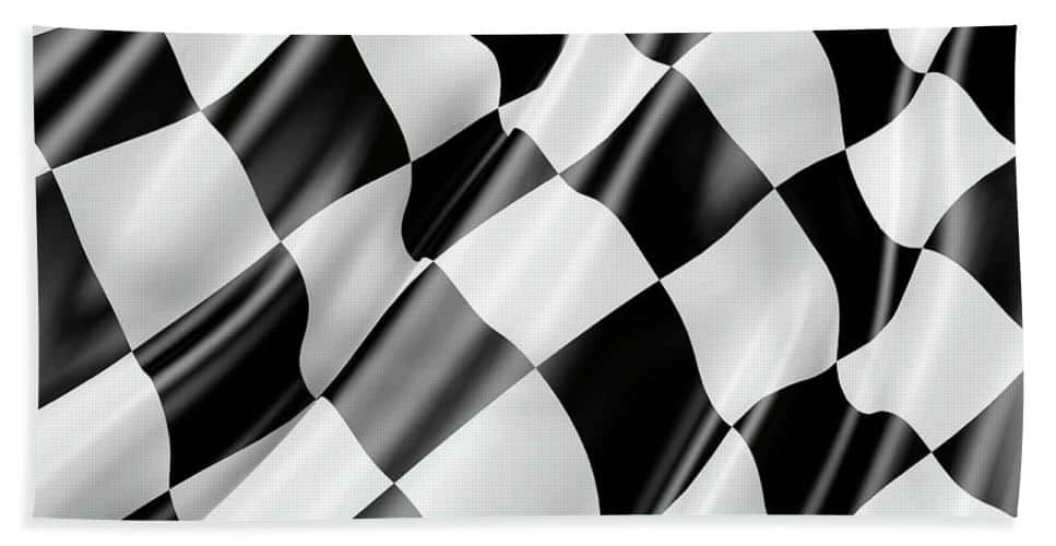 Chequered Flag 桌布 壁紙 — 一面動感的黑白格仔賽車旗在純色背景上飄揚，帶有清晰的摺痕和光澤亮點。