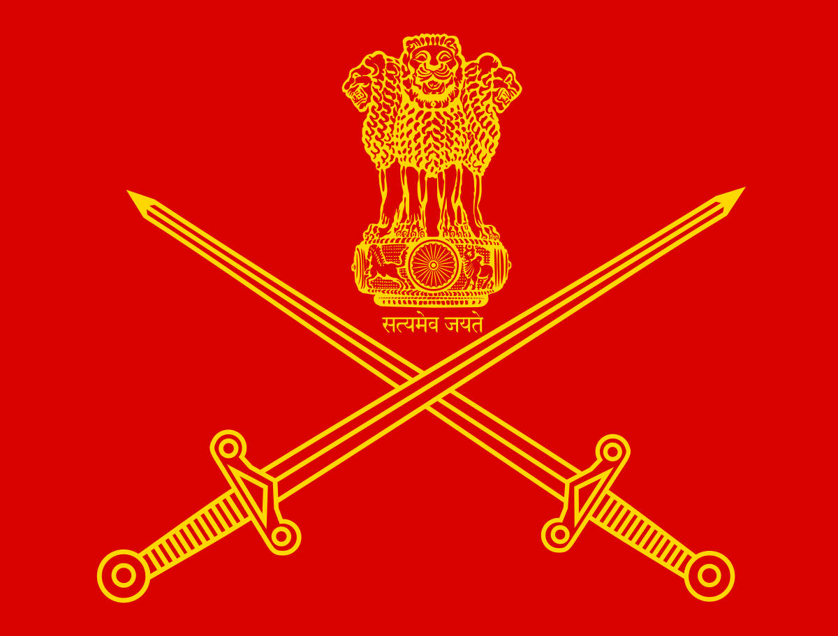 Indian 桌布 壁紙 — 一面大膽的紅色旗幟上，在阿育王獅子柱頭下方有兩把交叉的金色劍，下方刻有座右銘「Satyameva Jayate」。