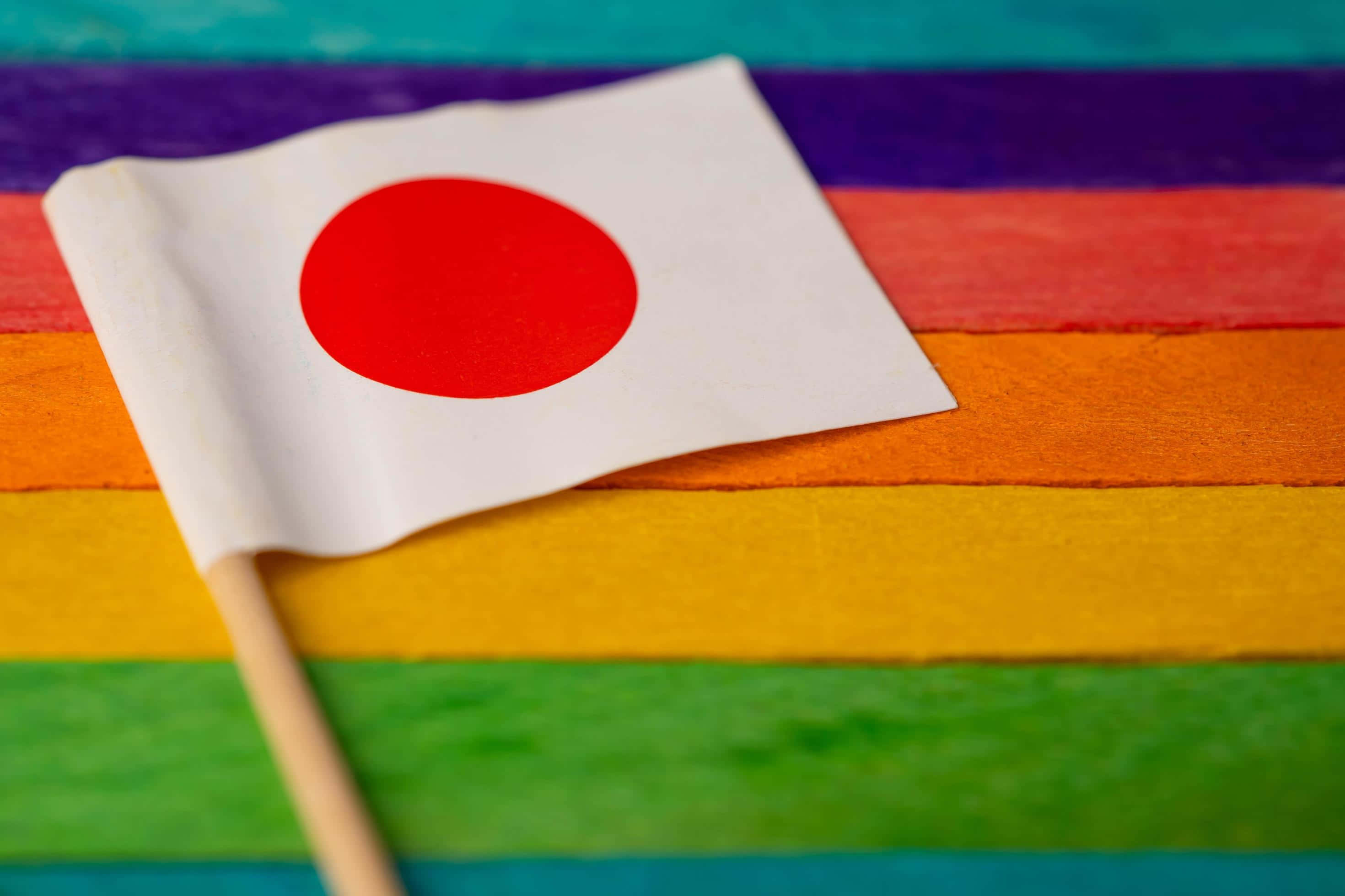 Pride Flag 桌布 壁紙 — 一面小型日本國旗放置於色彩鮮豔的彩虹條紋表面上，背景柔和模糊。