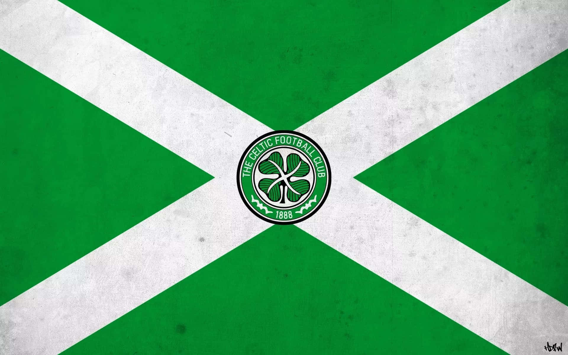 Celtic 桌布 壁紙 — 一面帶有紋理的綠色和白色X形旗幟，中央放置些路迪足球會徽章，背景呈風化效果。