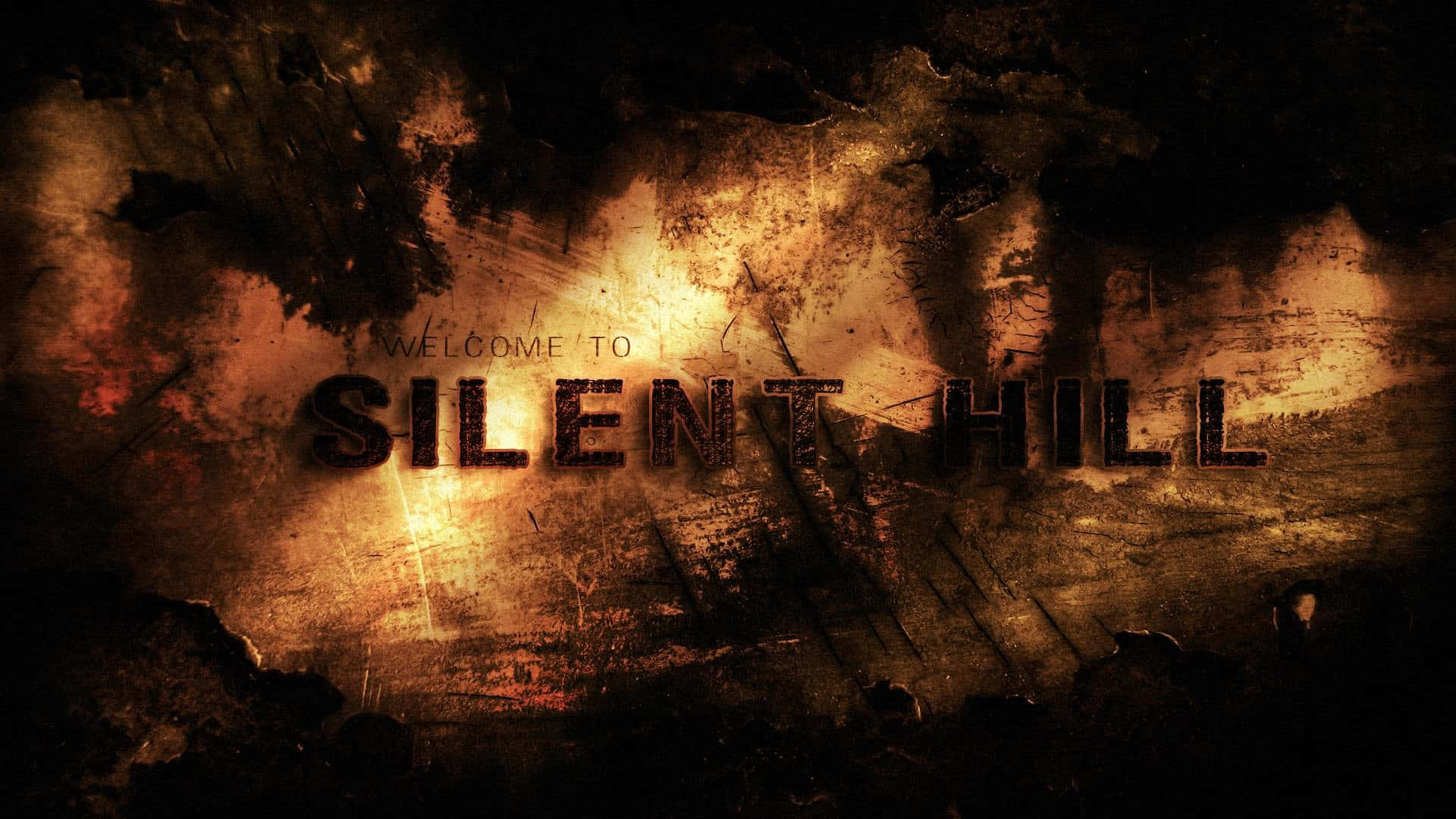 沉默之丘 桌布 壁紙 — 一面粗糙紋理的牆壁，帶有發光文字「WELCOME TO SILENT HILL」，呈現恐怖遊戲風格。