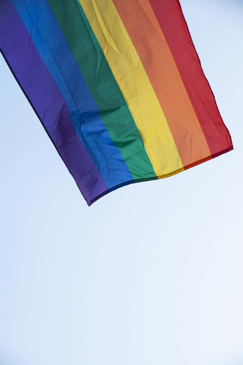 Pride Flag 桌布 壁紙 — 一面鮮豔的彩虹旗在柔和自然光下，於清澈淡藍色的天空中飄揚。