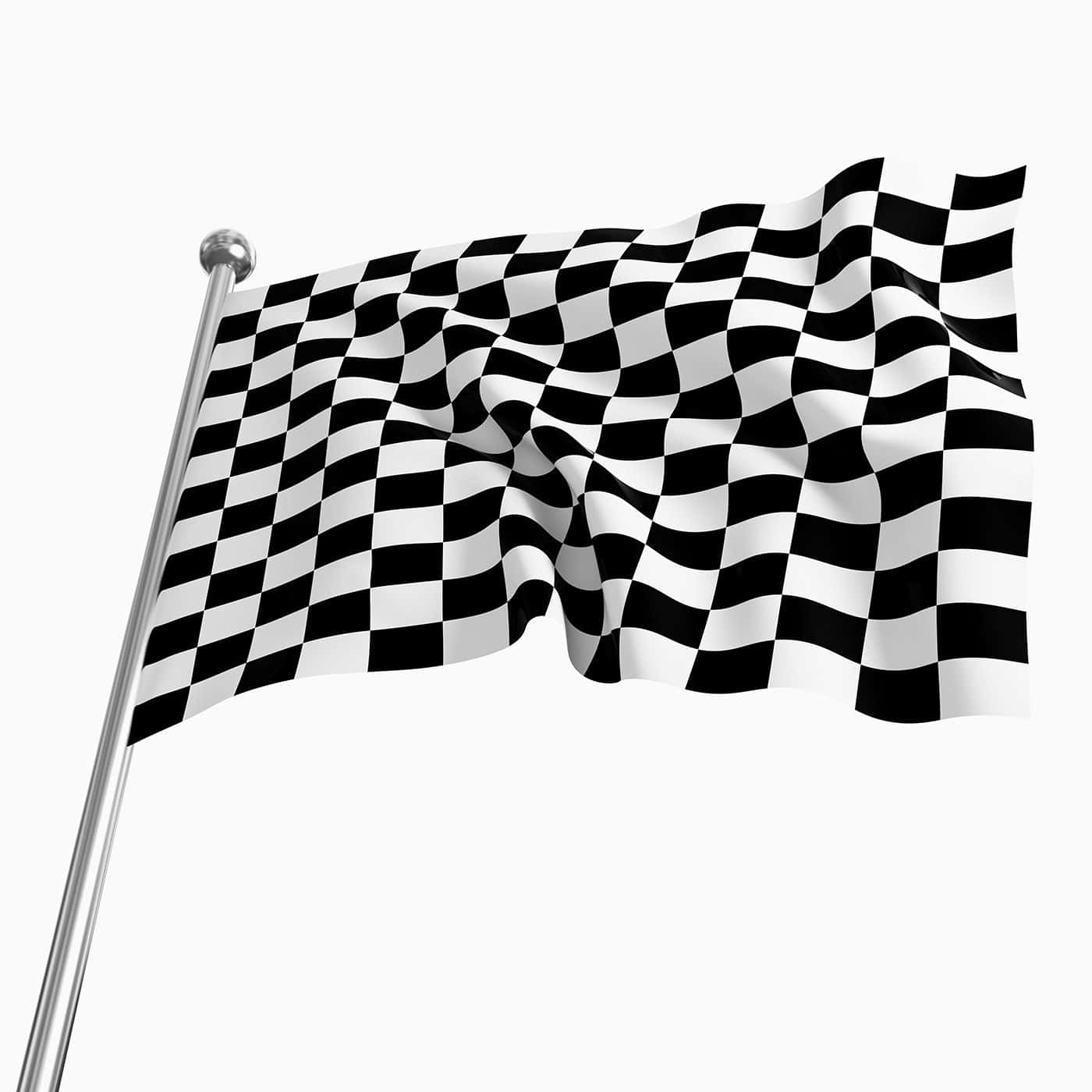 Checkered Flag 桌布 壁紙 — 一面黑白格仔賽車旗在銀色旗桿上動態飄揚，背景為純白色。