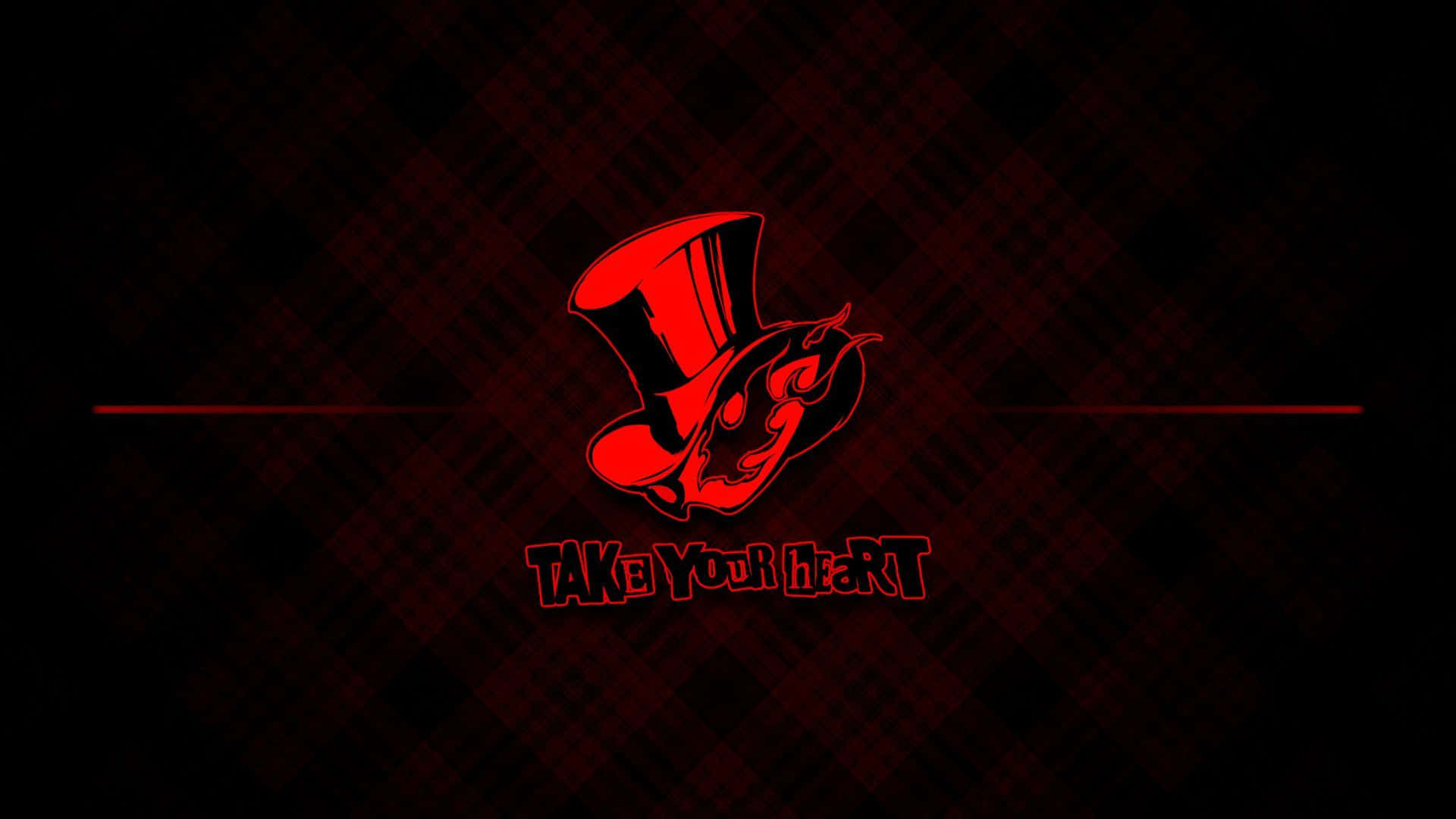 Persona 5 Strikers 桌布 壁紙 — 一頂大膽的紅色高頂禮帽，帶有火焰細節和文字，背景為深紅色格子圖案。