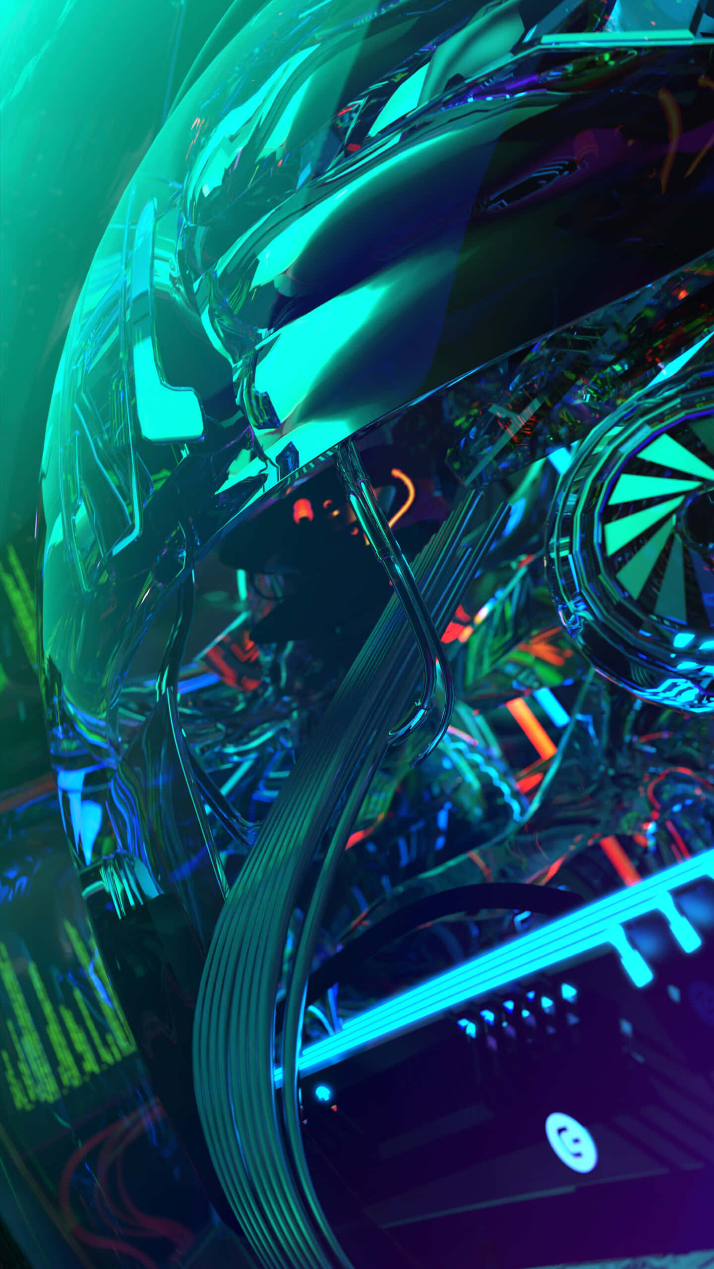 3d Technology 桌布 壁紙 — 一頂未來風格的金屬頭盔，帶有發光的霓虹燈管和反射表面，呈現鮮豔的藍綠色和紫色色調。