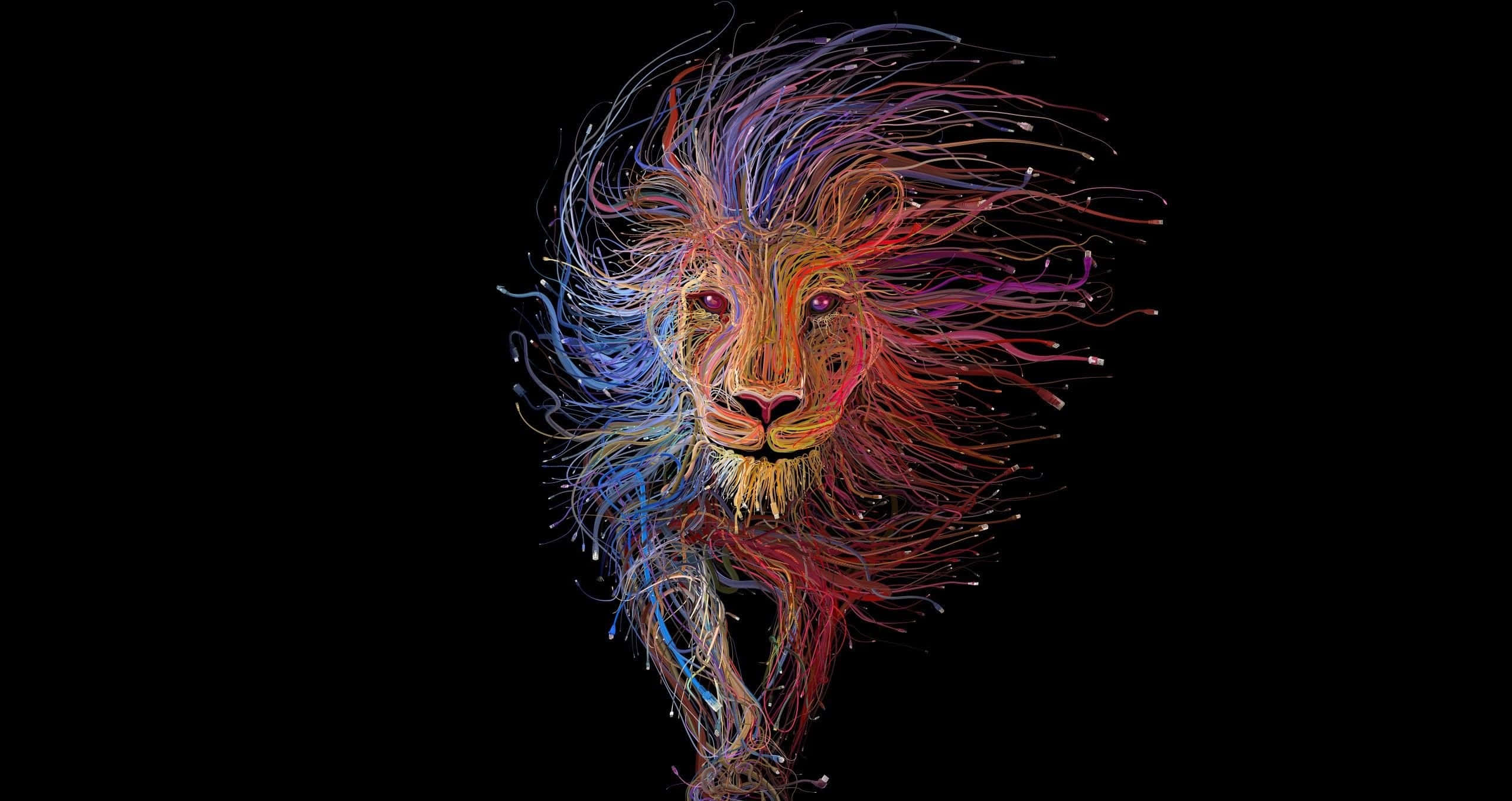 Trippy Animals 桌布 壁紙 — 一頭充滿活力的數碼獅子，在純黑背景上帶有電藍色和火紅色的鬃毛條紋。