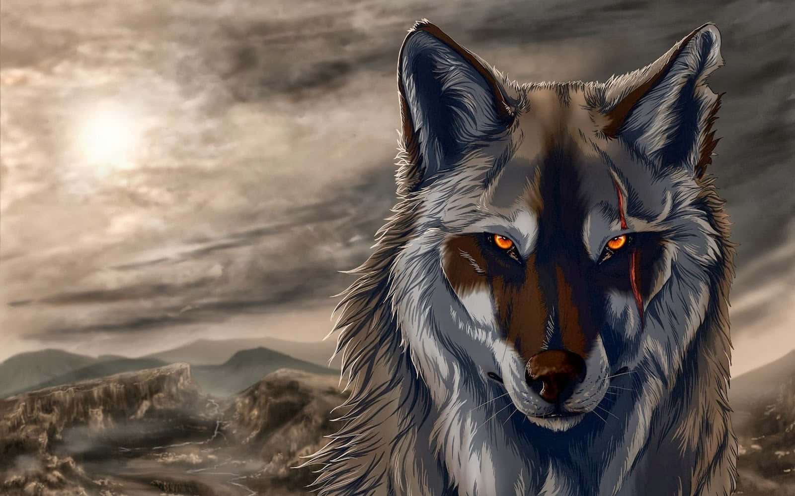 3d Wolf 桌布 壁紙 — 一頭兇猛的狼，擁有發光的橙色眼睛和血跡斑斑的臉，在暴風雨的山巒背景下強烈地凝視著。