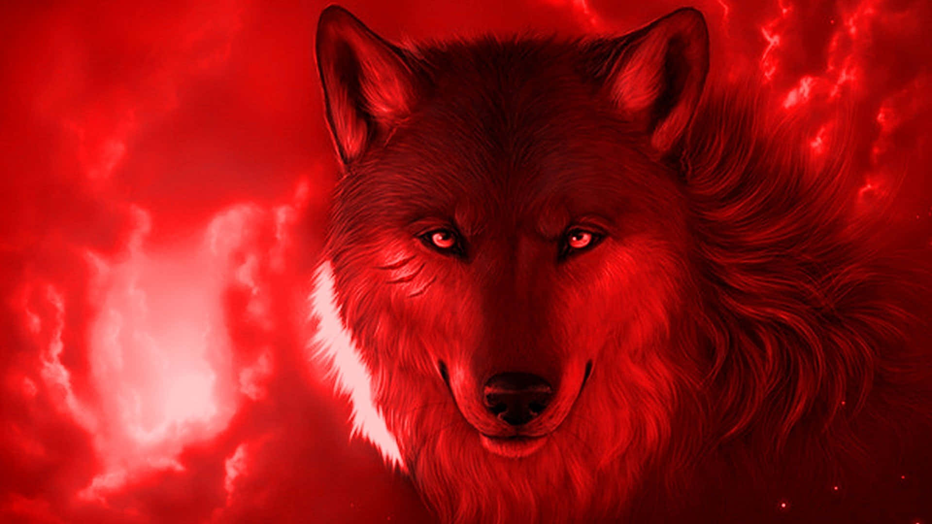 Red Wolf 桌布 壁紙 — 一頭兇猛的狼，雙眼閃爍著紅光，直視前方，背景是充滿火雲的旋轉深紅天空。