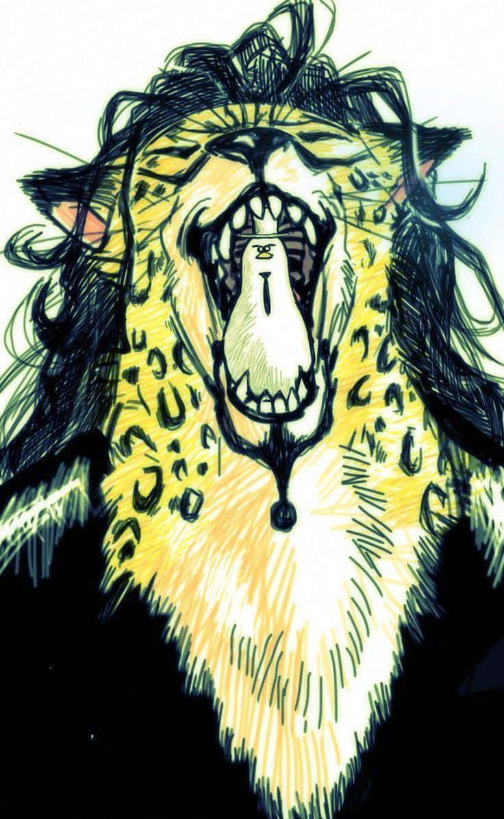 Rob Lucci 桌布 壁紙 — 一頭兇猛的花豹張牙舞爪，毛髮蓬鬆，以大膽的墨水插畫咆哮。