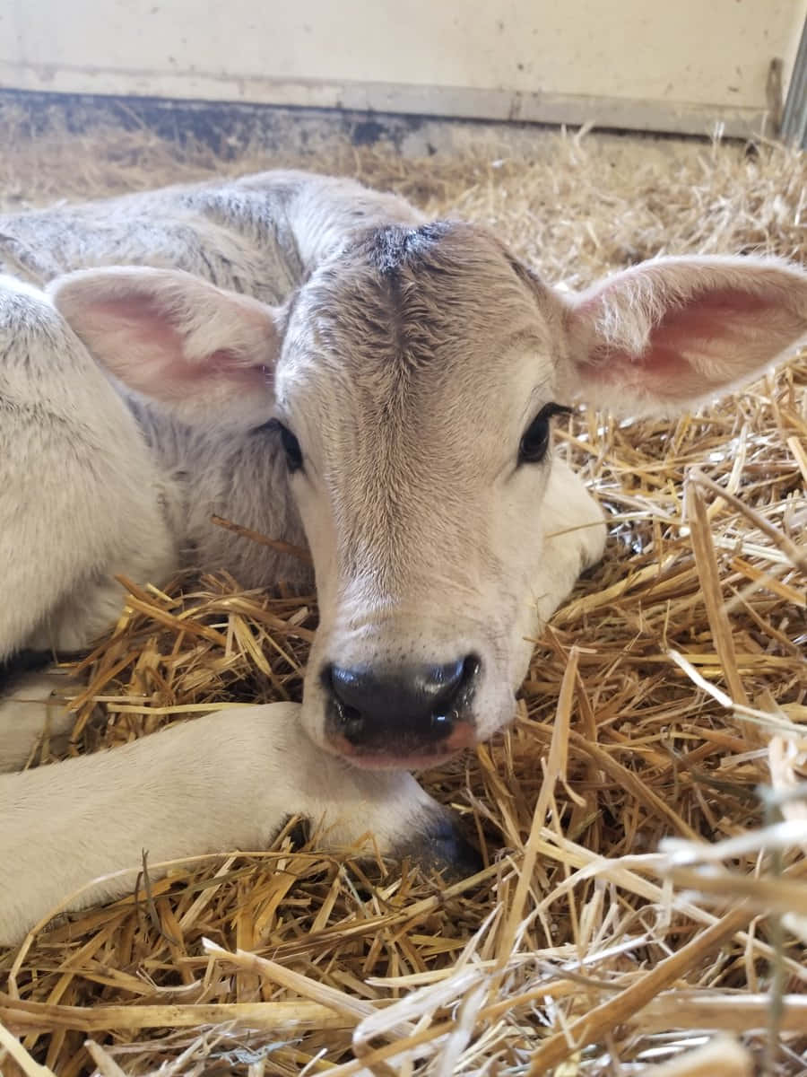 Brown Swiss Cow 桌布 壁紙 — 一頭初生小牛，毛色柔軟灰白，在穀倉內的金色乾草上安詳地休息，好奇地凝視著相機。