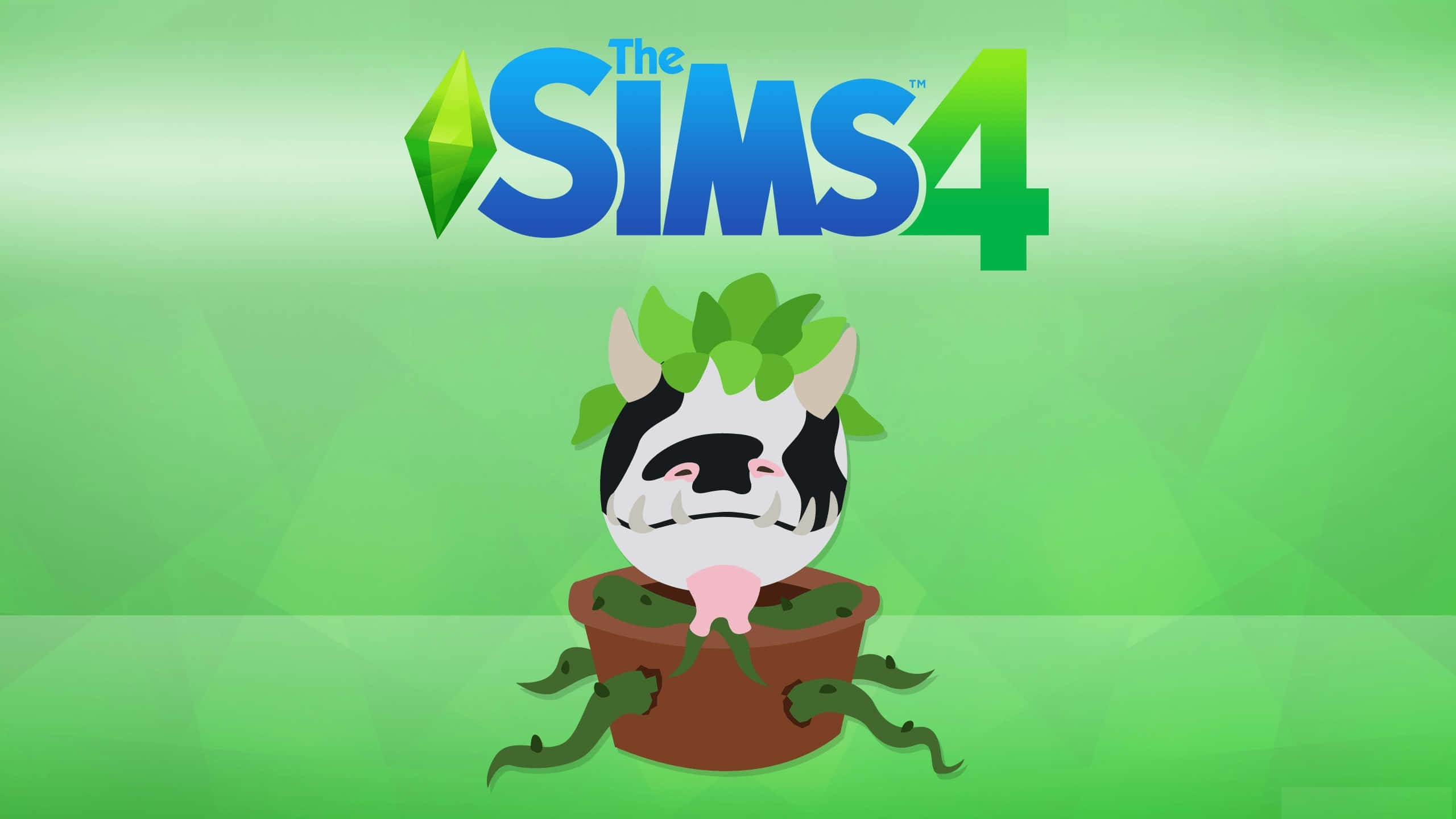 The Sims 4 桌布 壁紙 — 一頭卡通牛，頭上有綠色葉子，坐在一個棕色花盆裡，盆裡長出綠色藤蔓，下方是The Sims 4標誌，背景為綠色漸變。