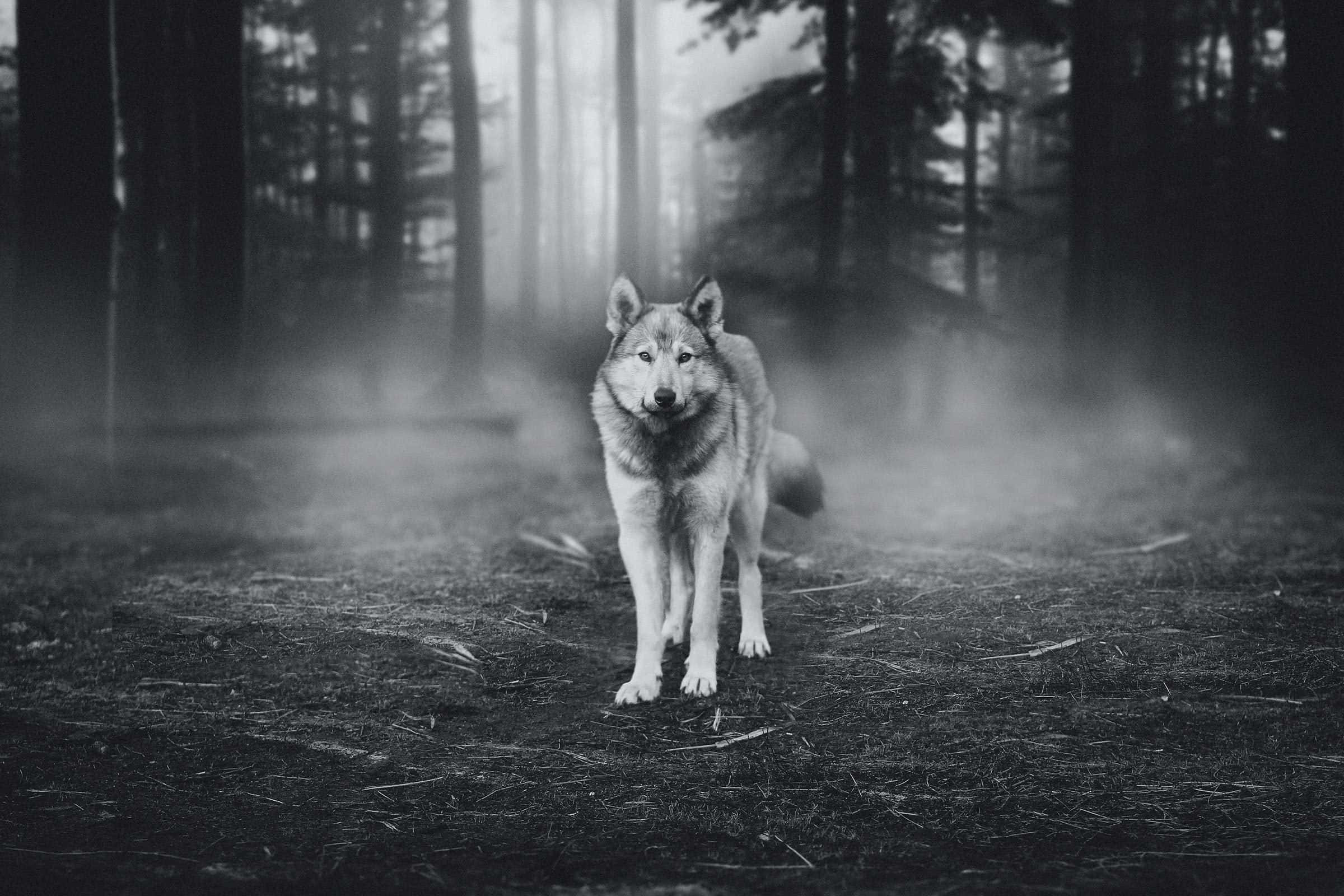 Wolf In Forest 桌布 壁紙 — 一頭孤狼在迷霧森林中警覺地站立，其目光穿透迷濛的樹木，呈現單色調。