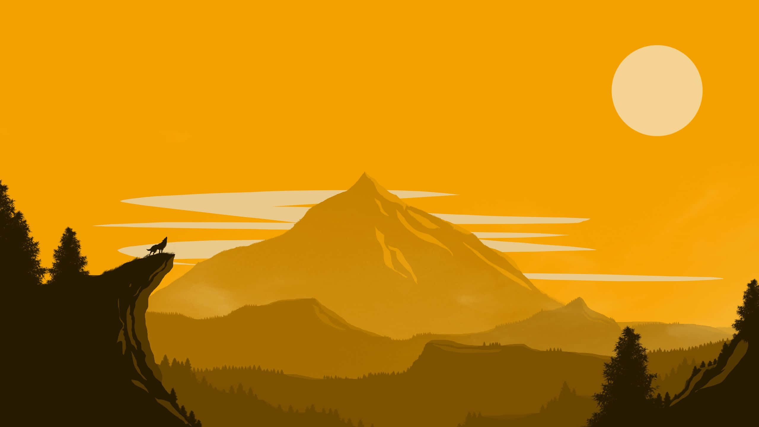 Firewatch 桌布 壁紙 — 一頭孤獨的狼站在懸崖頂上，俯瞰著在橙色夕陽餘暉下的山脈。
