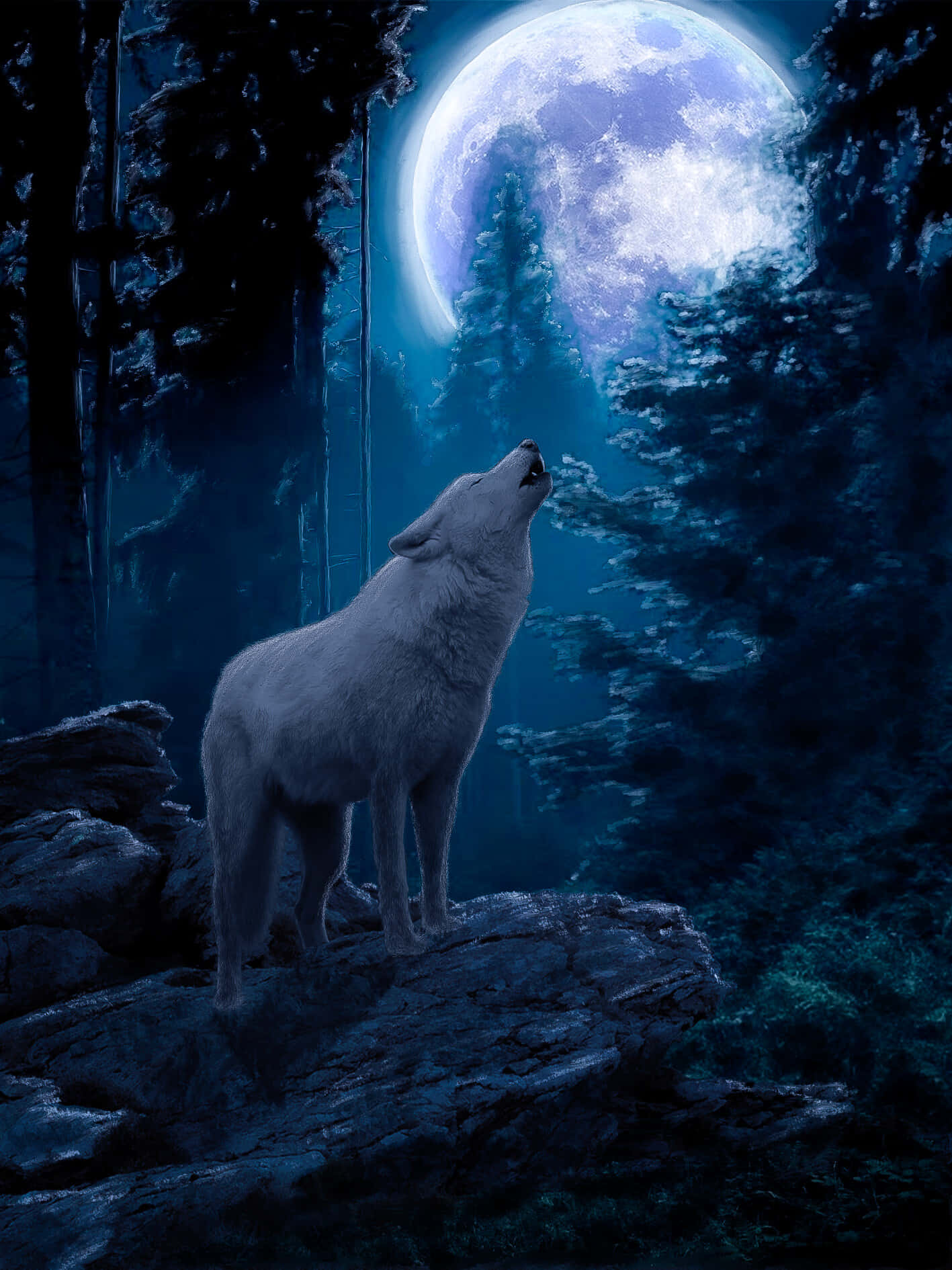 Wolf In Moonlight 桌布 壁紙 — 一頭孤獨的白狼對著一輪巨大發光的月亮嚎叫，月亮正從茂密的深藍色森林中升起。